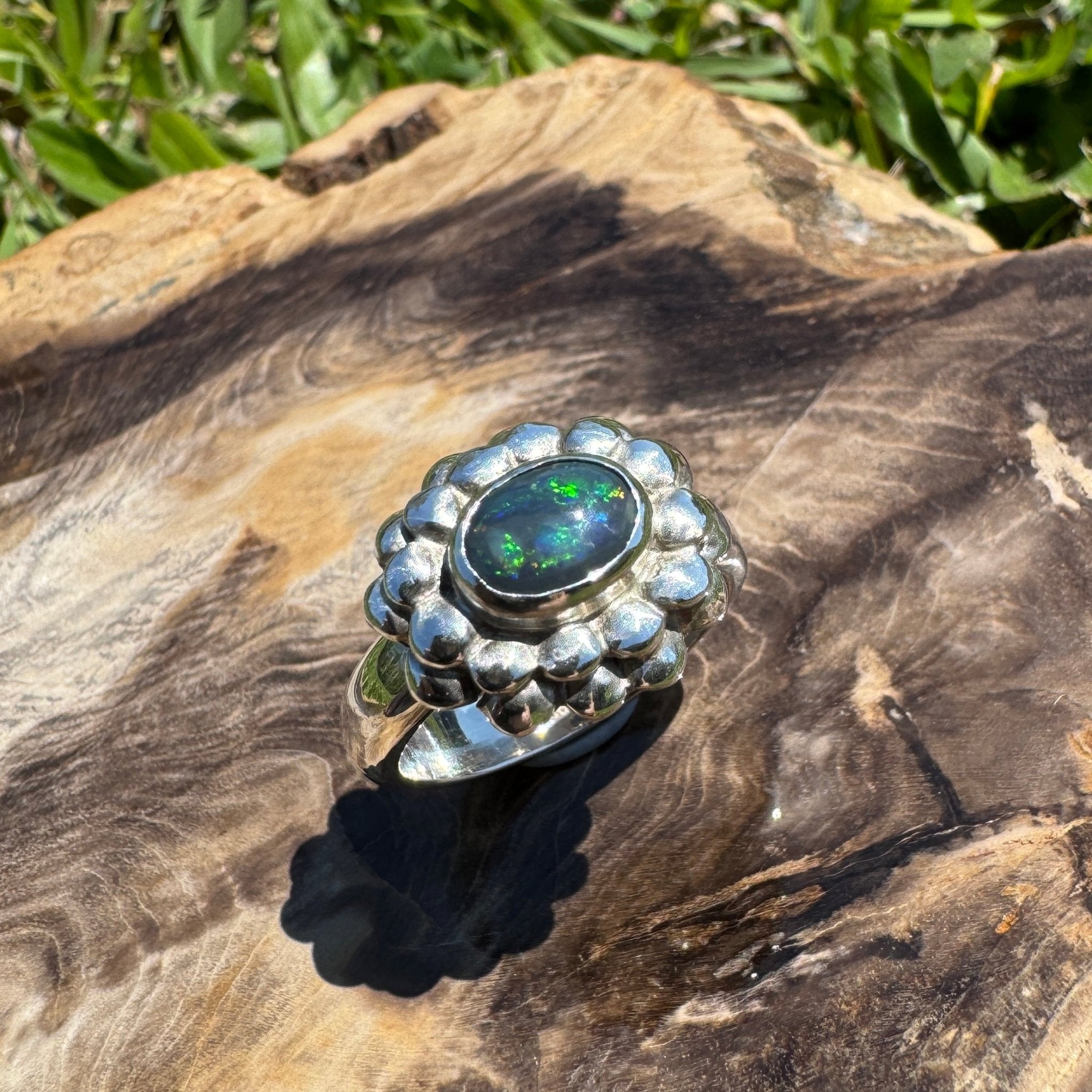 Silver Ember ~ Lightning Ridge 0.7ct Solid Black Opal Ring – Bold Sterling Bloom