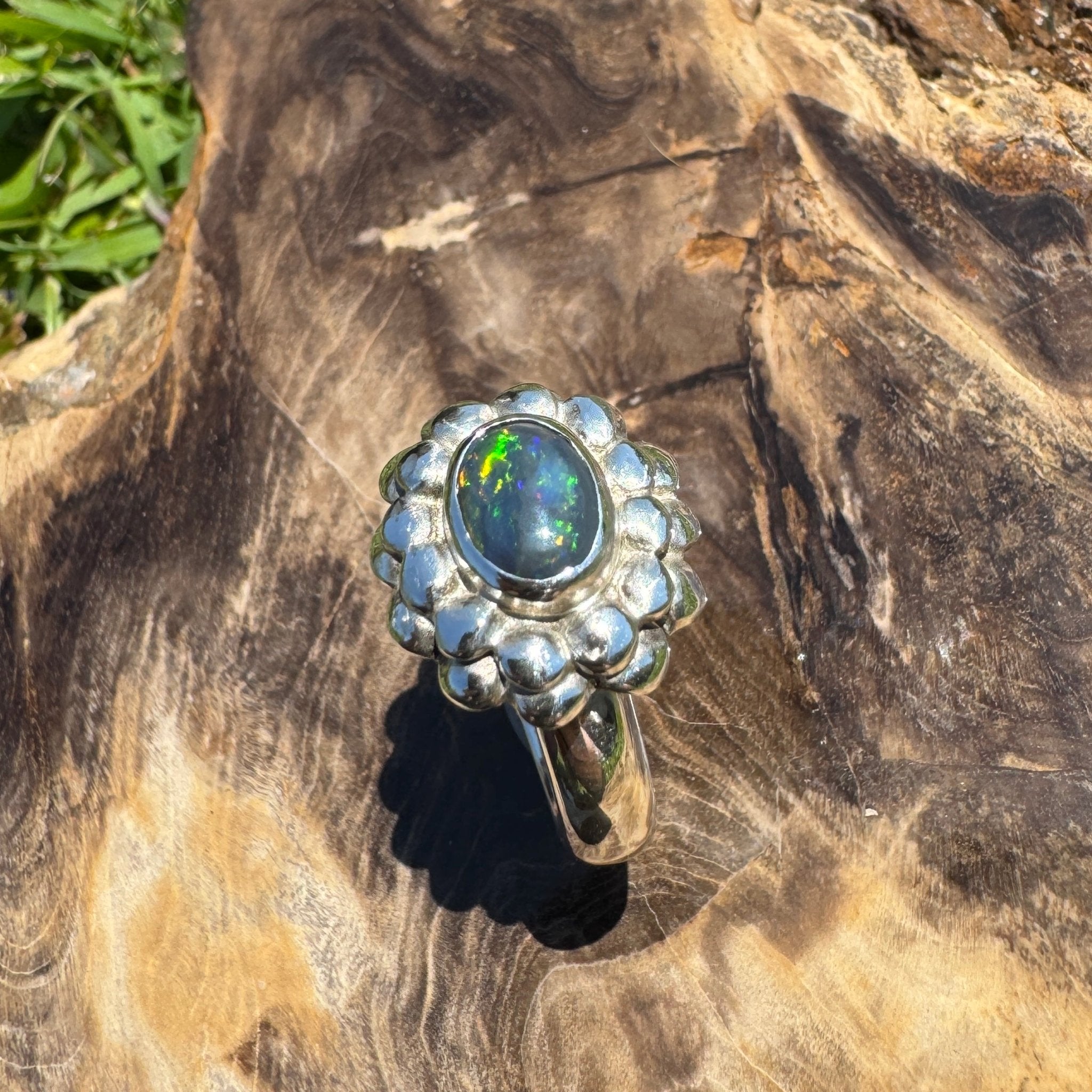 Silver Ember ~ Lightning Ridge 0.7ct Solid Black Opal Ring – Bold Sterling Bloom