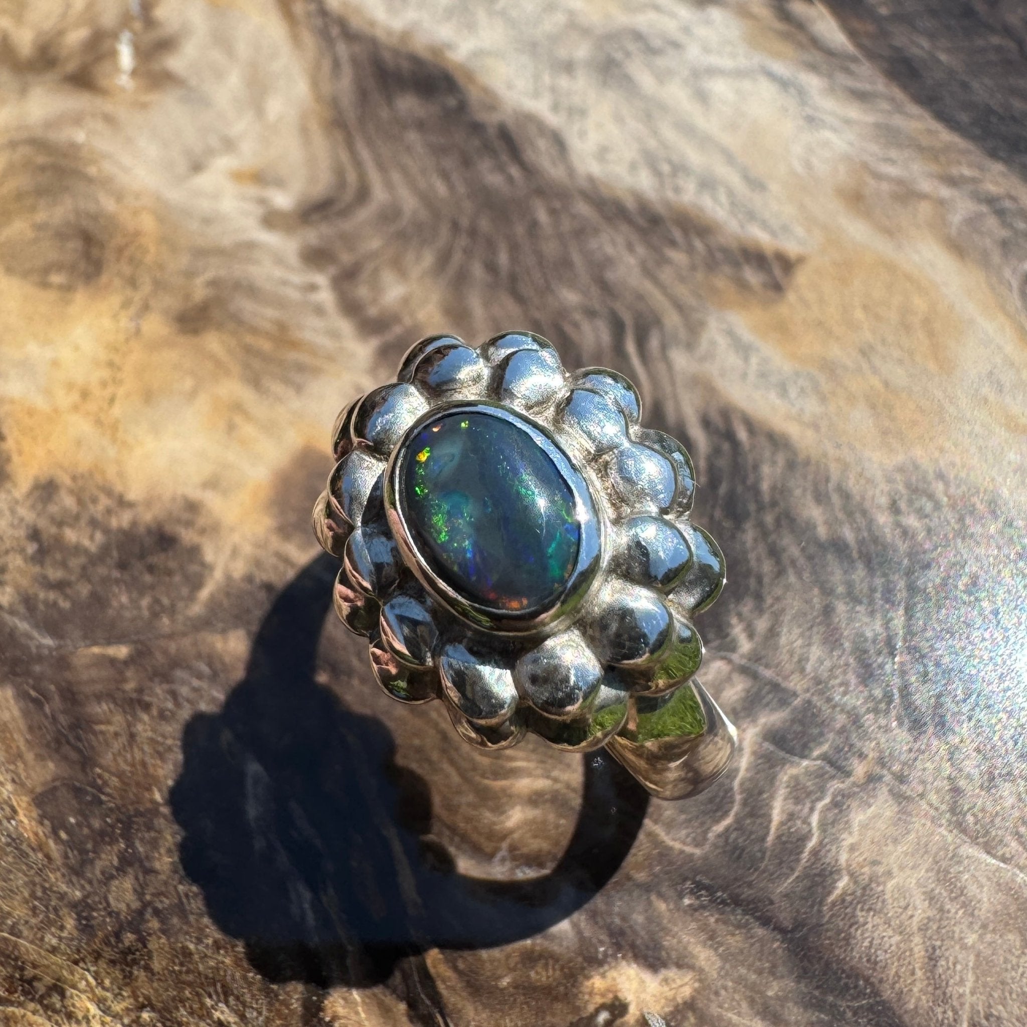 Silver Ember ~ Lightning Ridge 0.7ct Solid Black Opal Ring – Bold Sterling Bloom