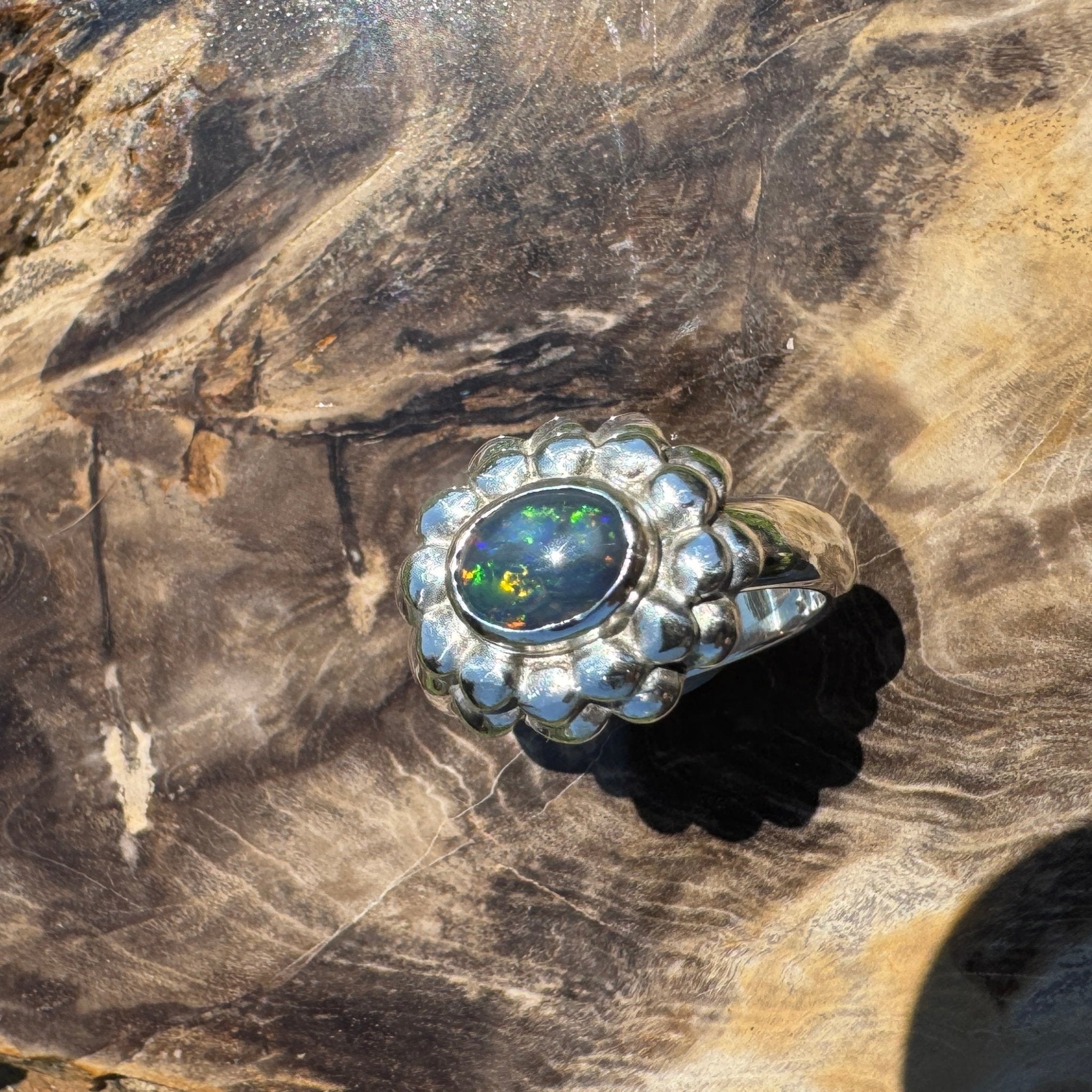 Silver Ember ~ Lightning Ridge 0.7ct Solid Black Opal Ring – Bold Sterling Bloom