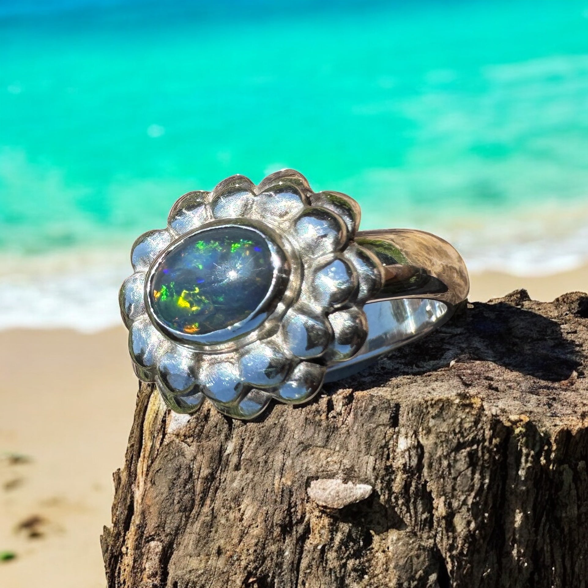 Silver Ember ~ Lightning Ridge 0.7ct Solid Black Opal Ring – Bold Sterling Bloom