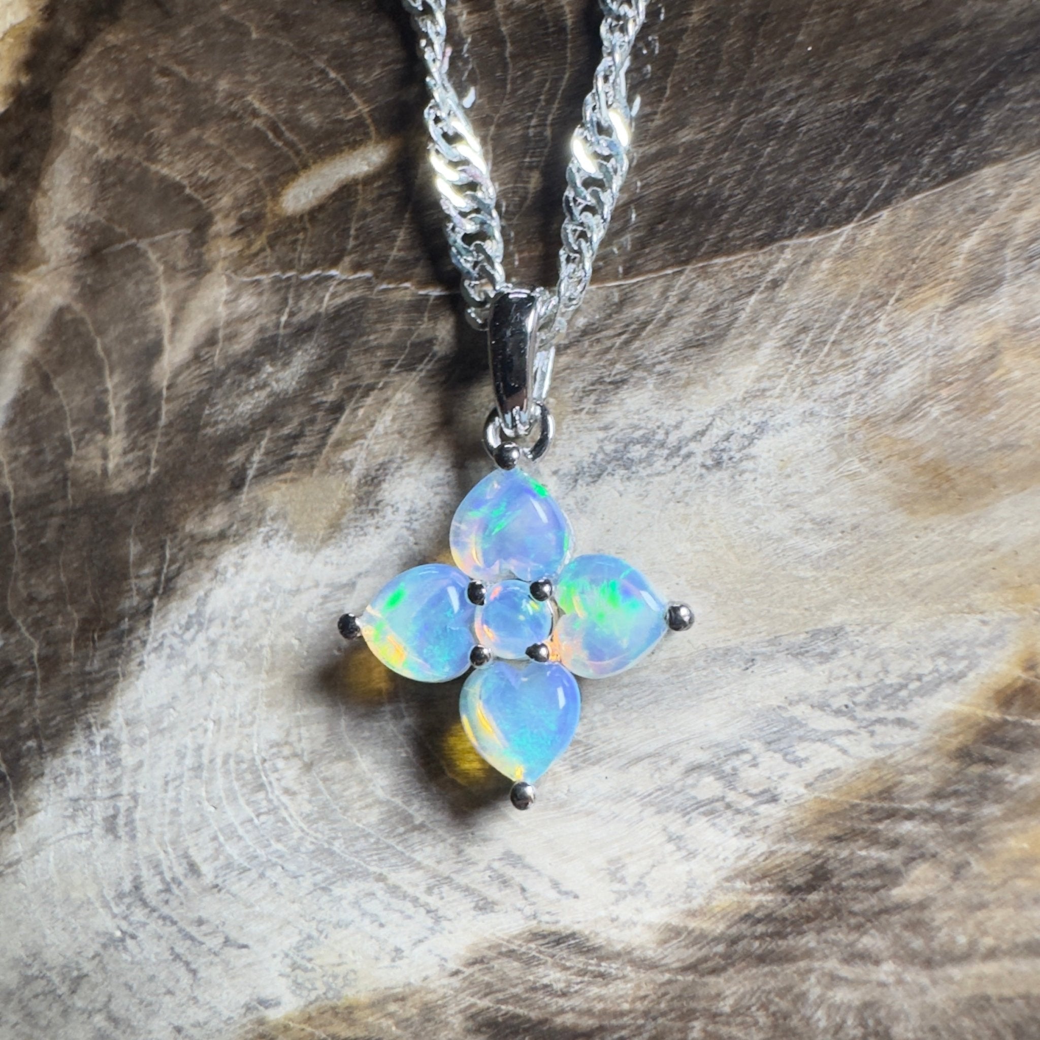 Snowy Bloom ~ 0.4ct Coober Pedy Crystal Opal 9ct White Gold Pendant