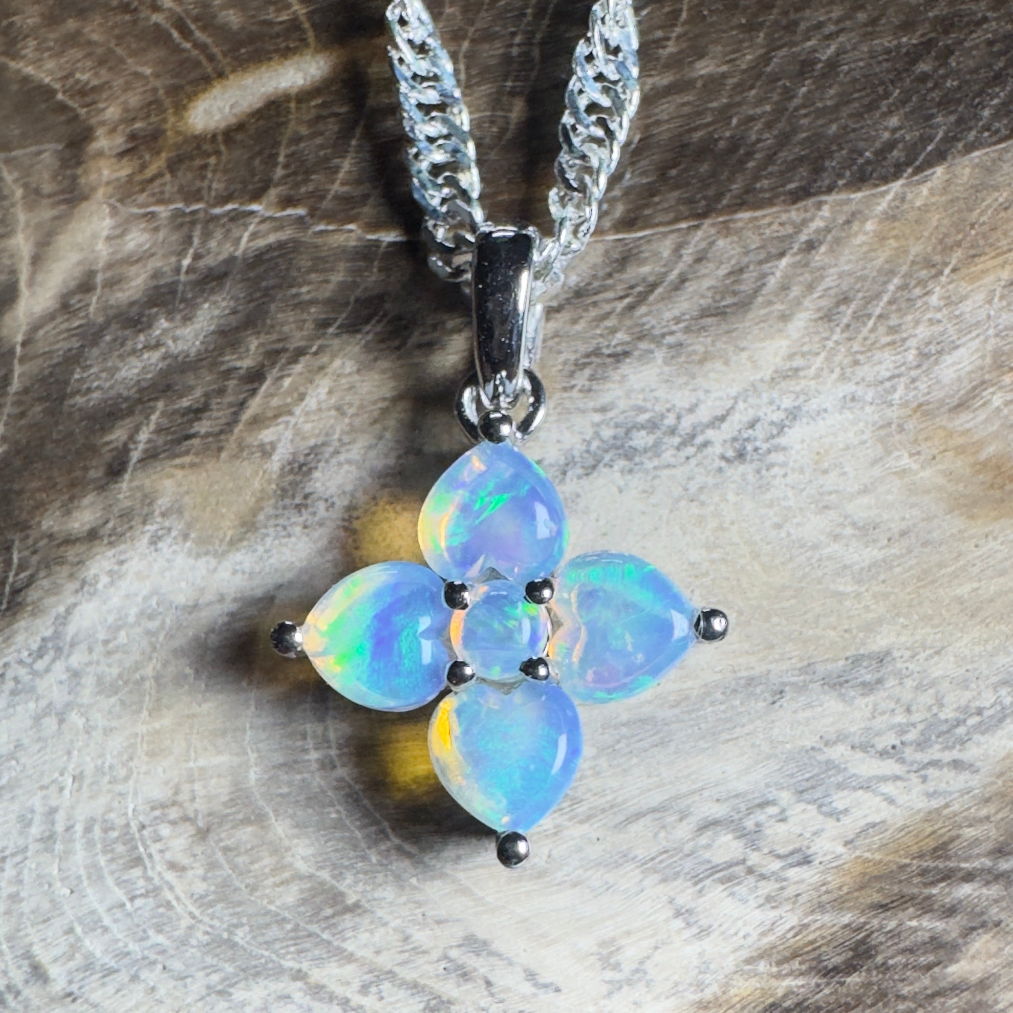 Snowy Bloom ~ 0.4ct Coober Pedy Crystal Opal 9ct White Gold Pendant