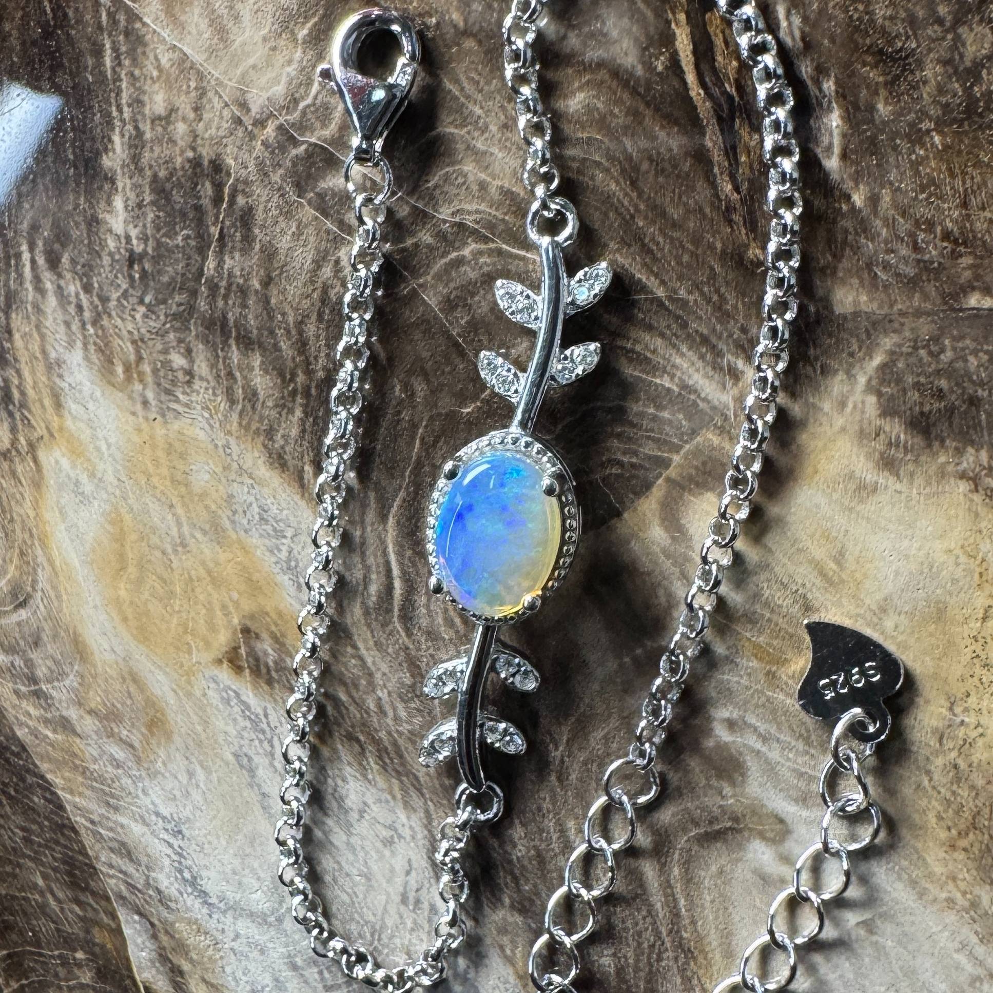 Snowy Range ~ 0.8ct Solid Lightning Ridge Opal and Cubic Zirconia 925 Silver Bracelet
