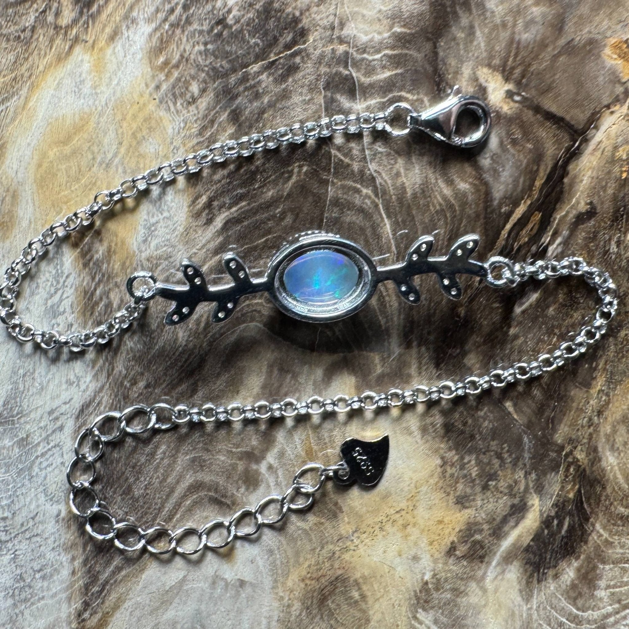 Snowy Range ~ 0.8ct Solid Lightning Ridge Opal and Cubic Zirconia 925 Silver Bracelet