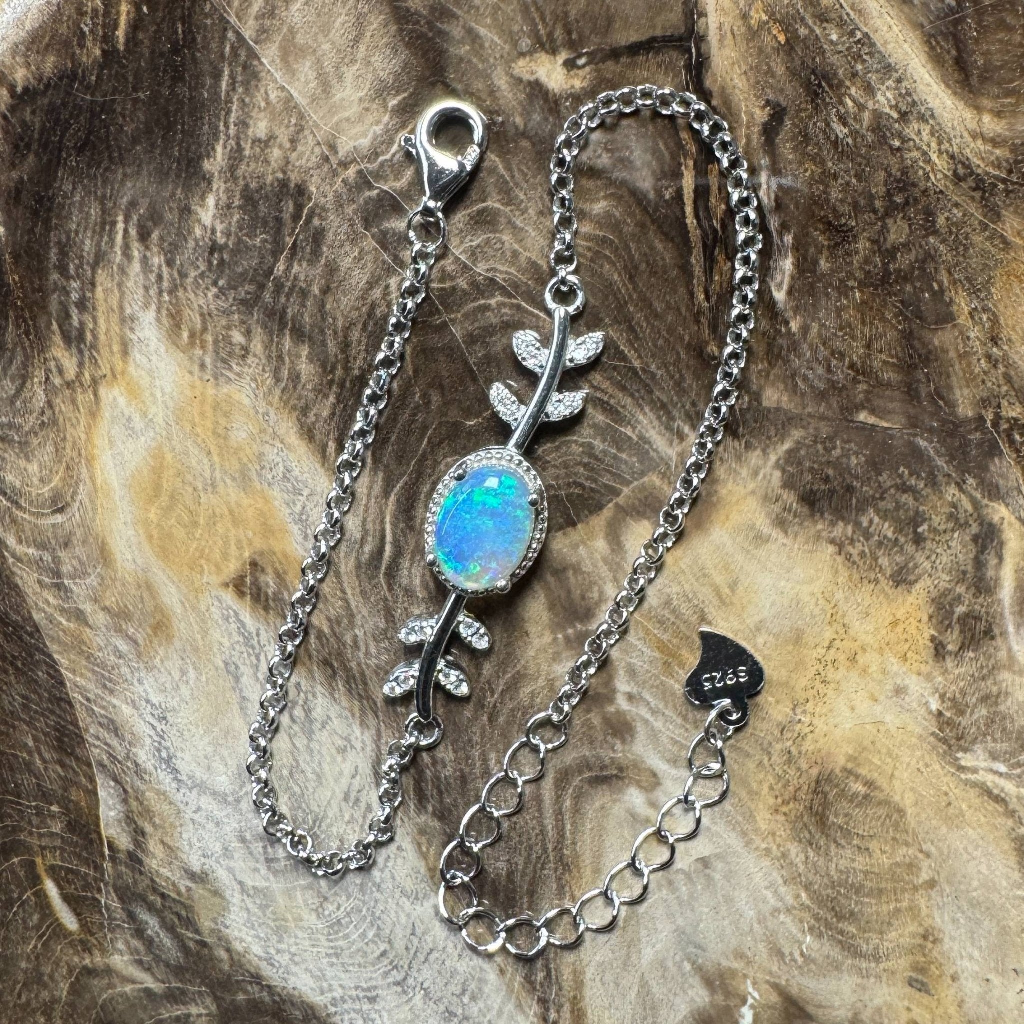 Snowy Range ~ 0.8ct Solid Lightning Ridge Opal and Cubic Zirconia 925 Silver Bracelet