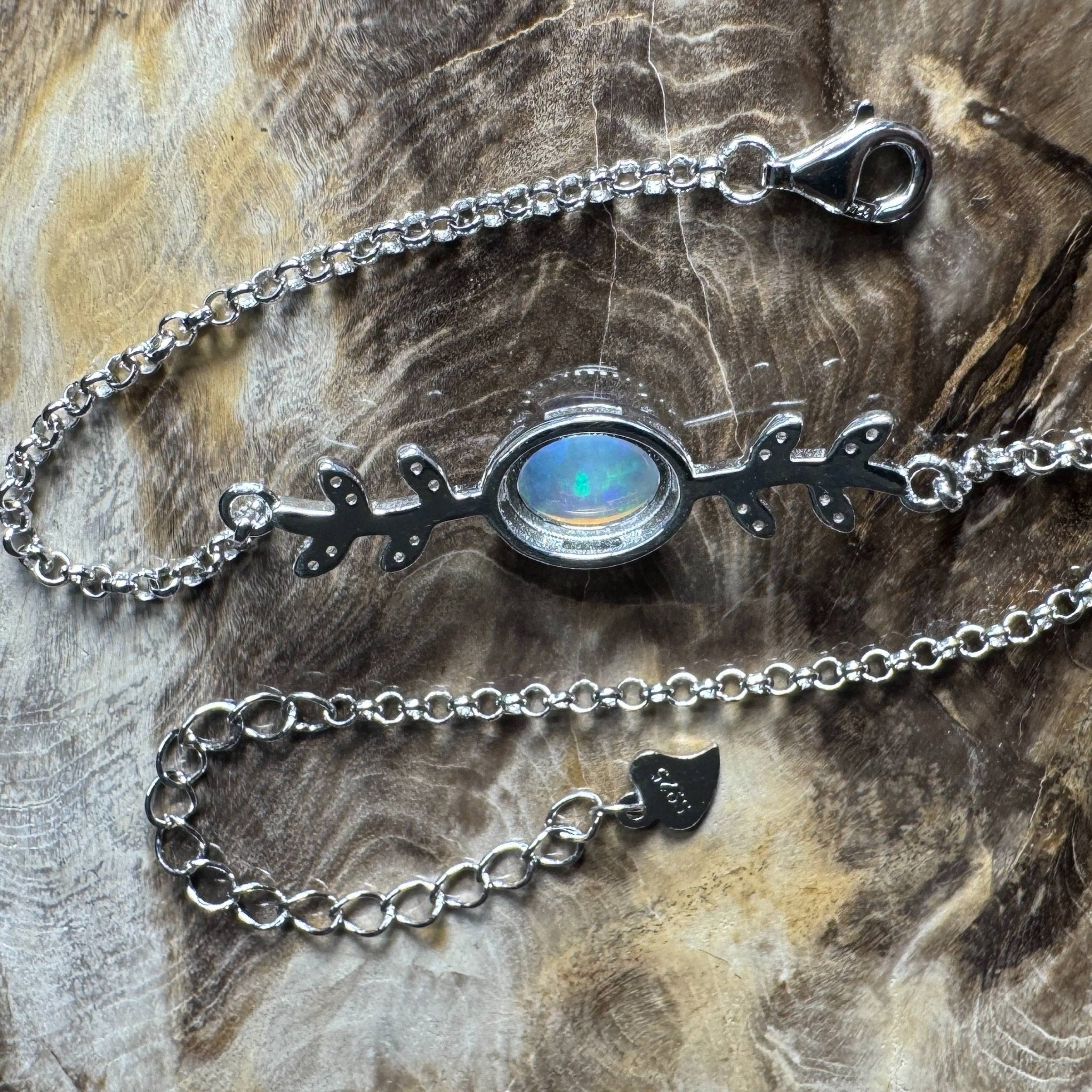 Snowy Range ~ 0.8ct Solid Lightning Ridge Opal and Cubic Zirconia 925 Silver Bracelet