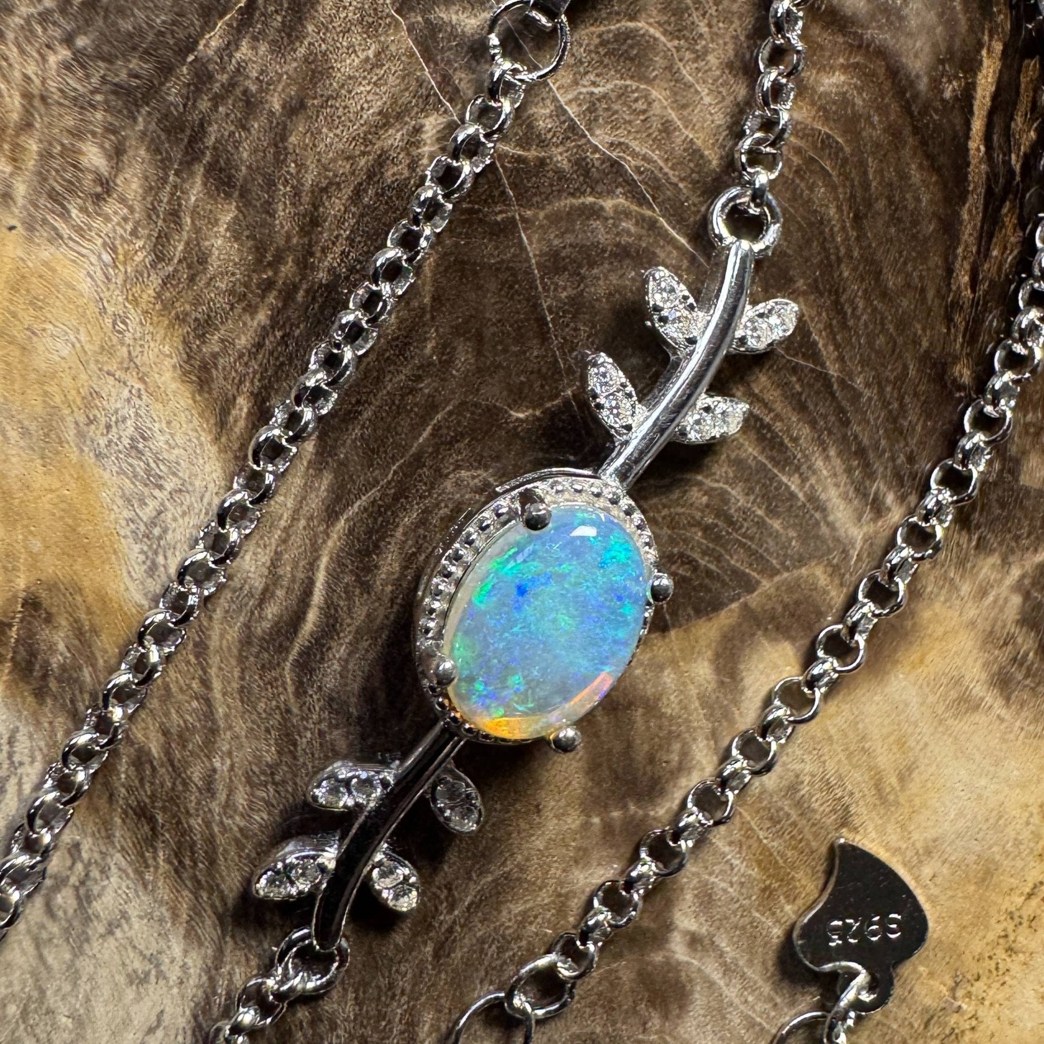 Snowy Range ~ 0.8ct Solid Lightning Ridge Opal and Cubic Zirconia 925 Silver Bracelet