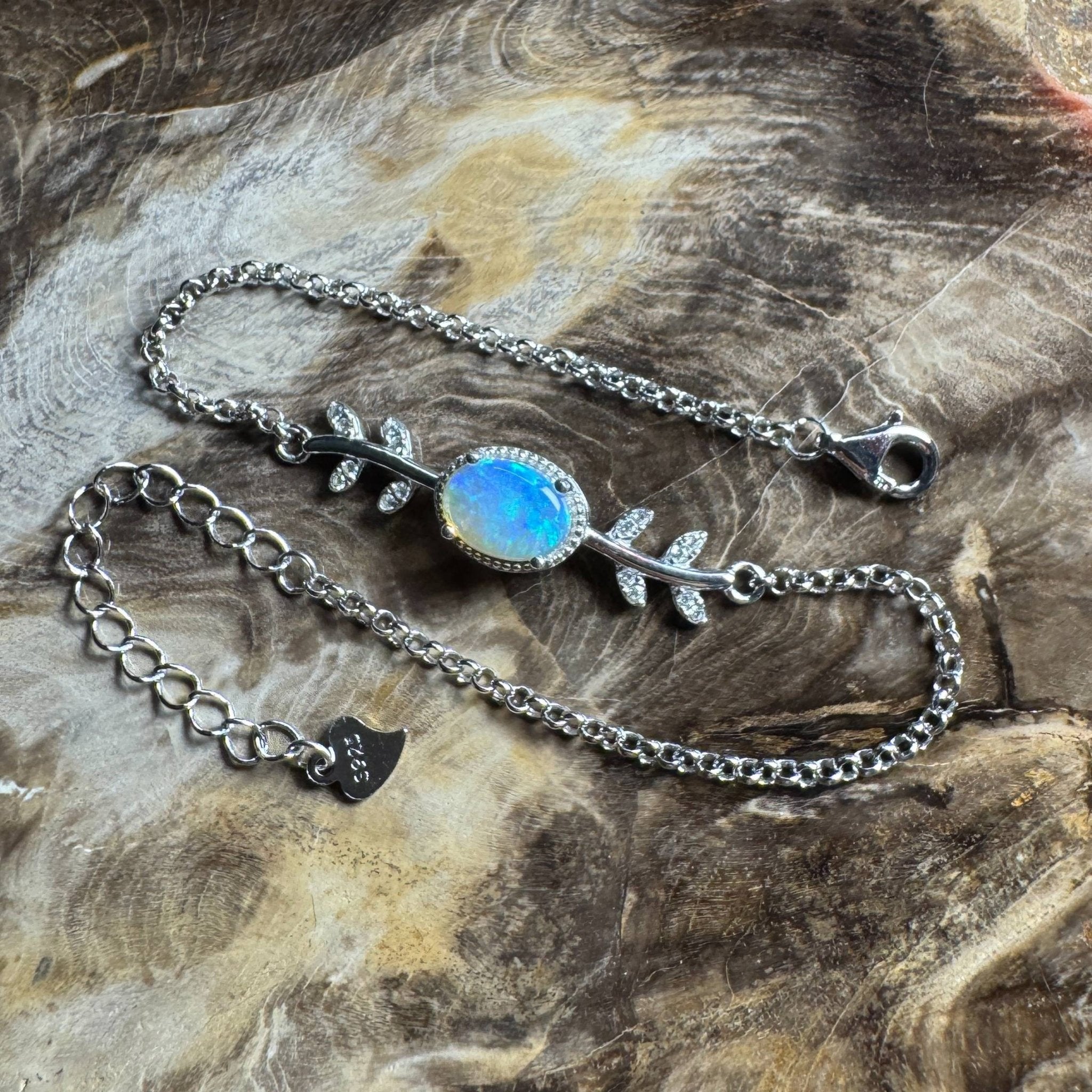 Snowy Range ~ 0.8ct Solid Lightning Ridge Opal and Cubic Zirconia 925 Silver Bracelet
