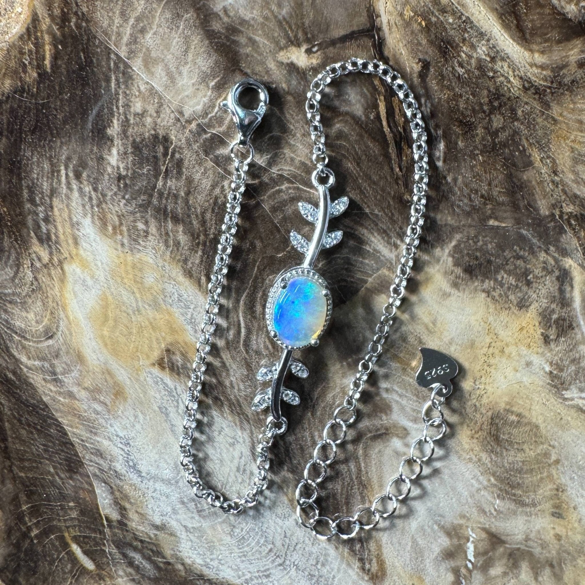 Snowy Range ~ 0.8ct Solid Lightning Ridge Opal and Cubic Zirconia 925 Silver Bracelet