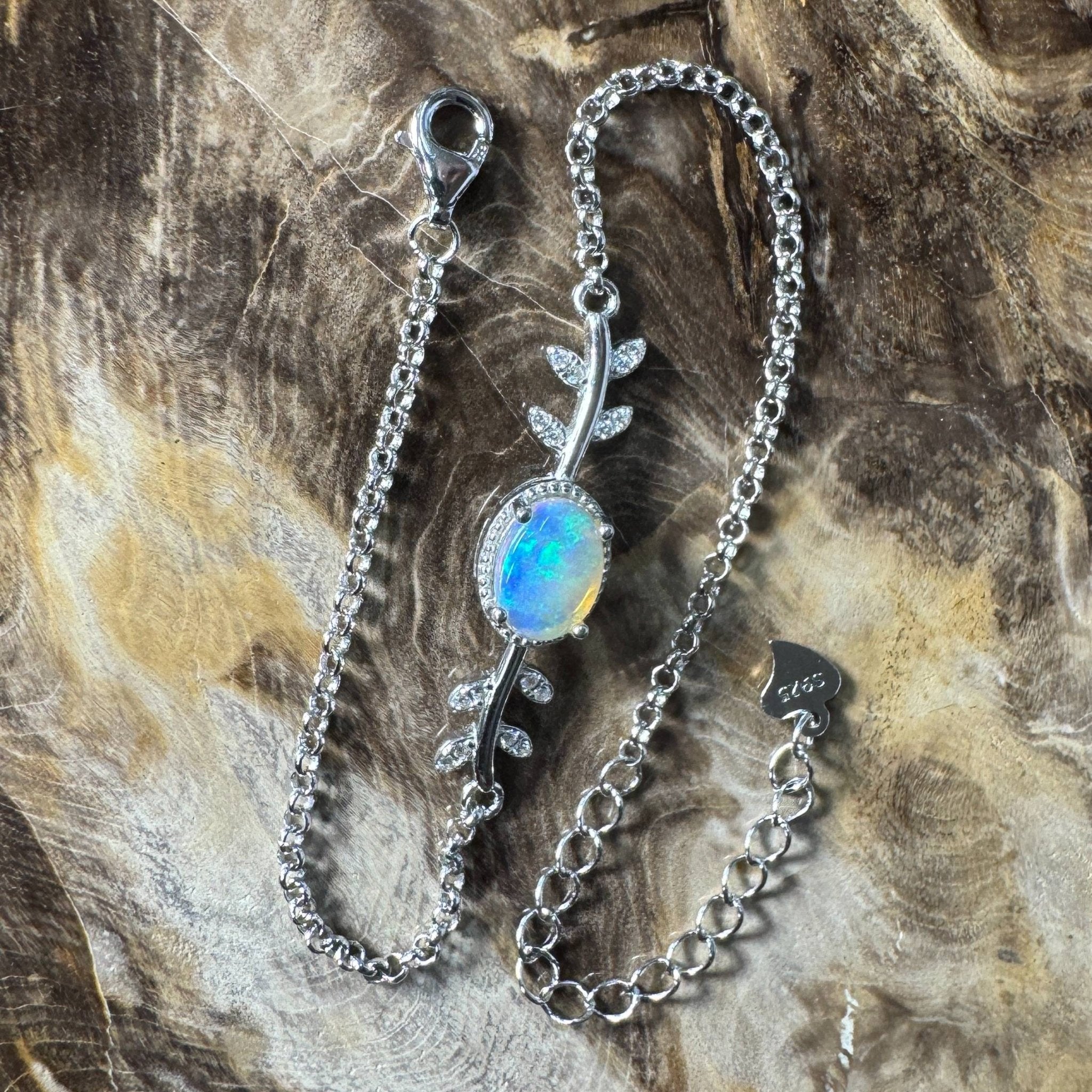 Snowy Range ~ 0.8ct Solid Lightning Ridge Opal and Cubic Zirconia 925 Silver Bracelet