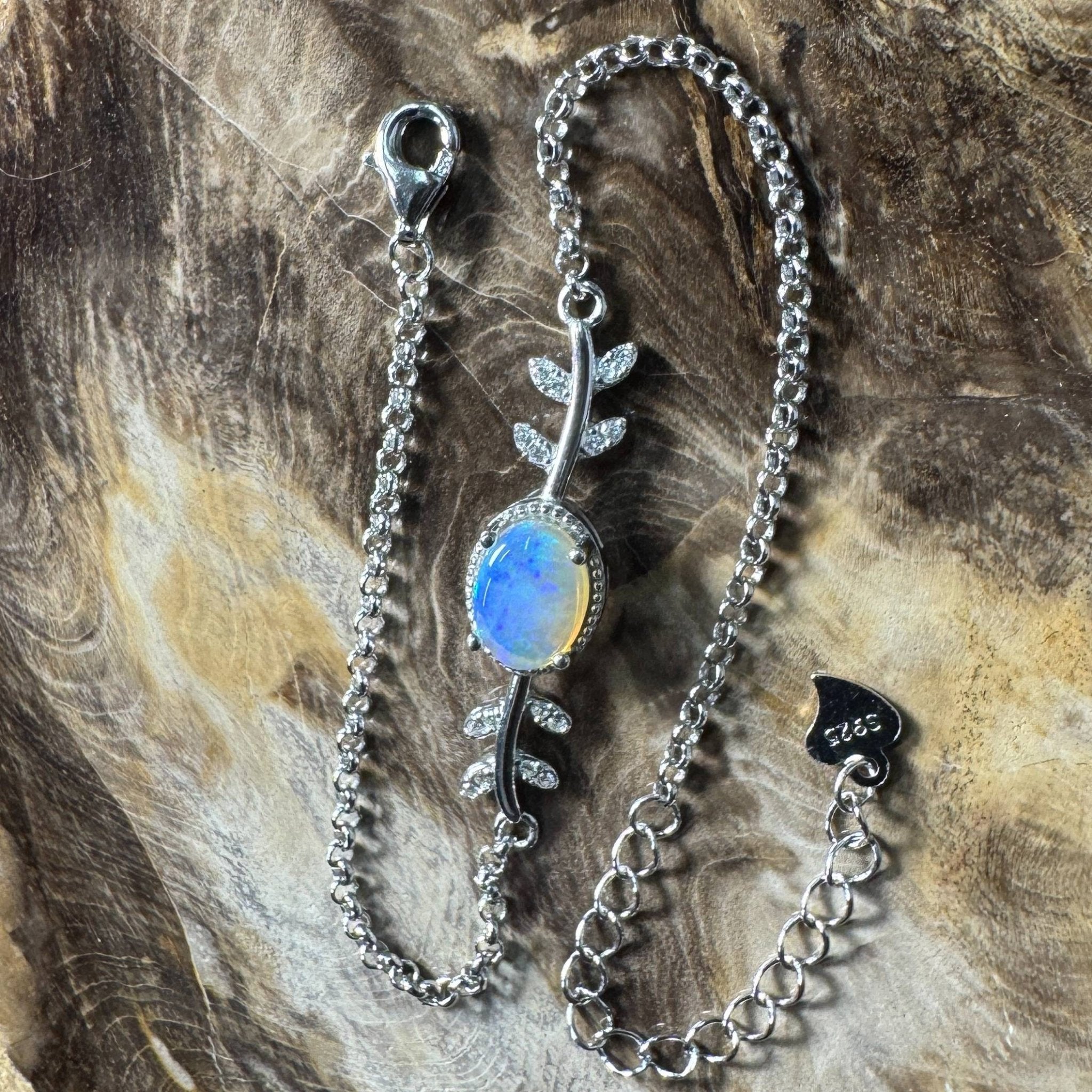 Snowy Range ~ 0.8ct Solid Lightning Ridge Opal and Cubic Zirconia 925 Silver Bracelet