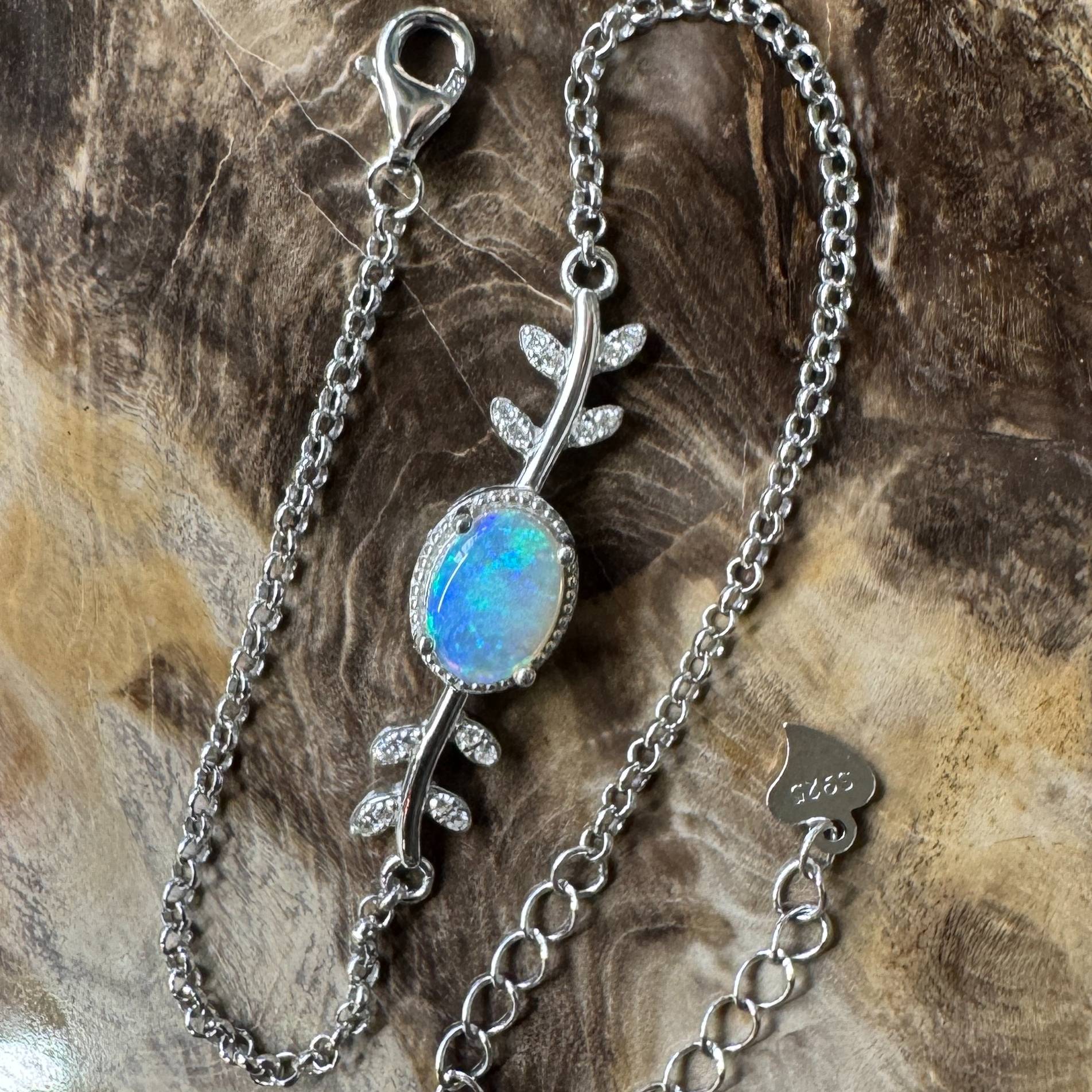 Snowy Range ~ 0.8ct Solid Lightning Ridge Opal and Cubic Zirconia 925 Silver Bracelet