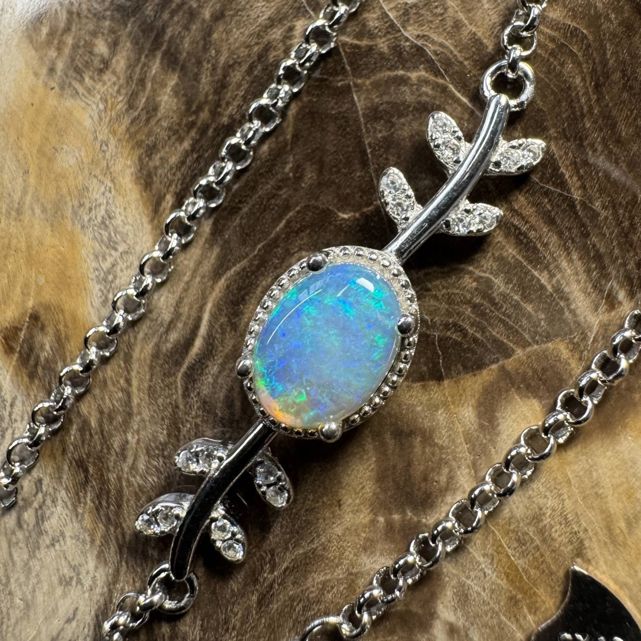 Snowy Range ~ 0.8ct Solid Lightning Ridge Opal and Cubic Zirconia 925 Silver Bracelet