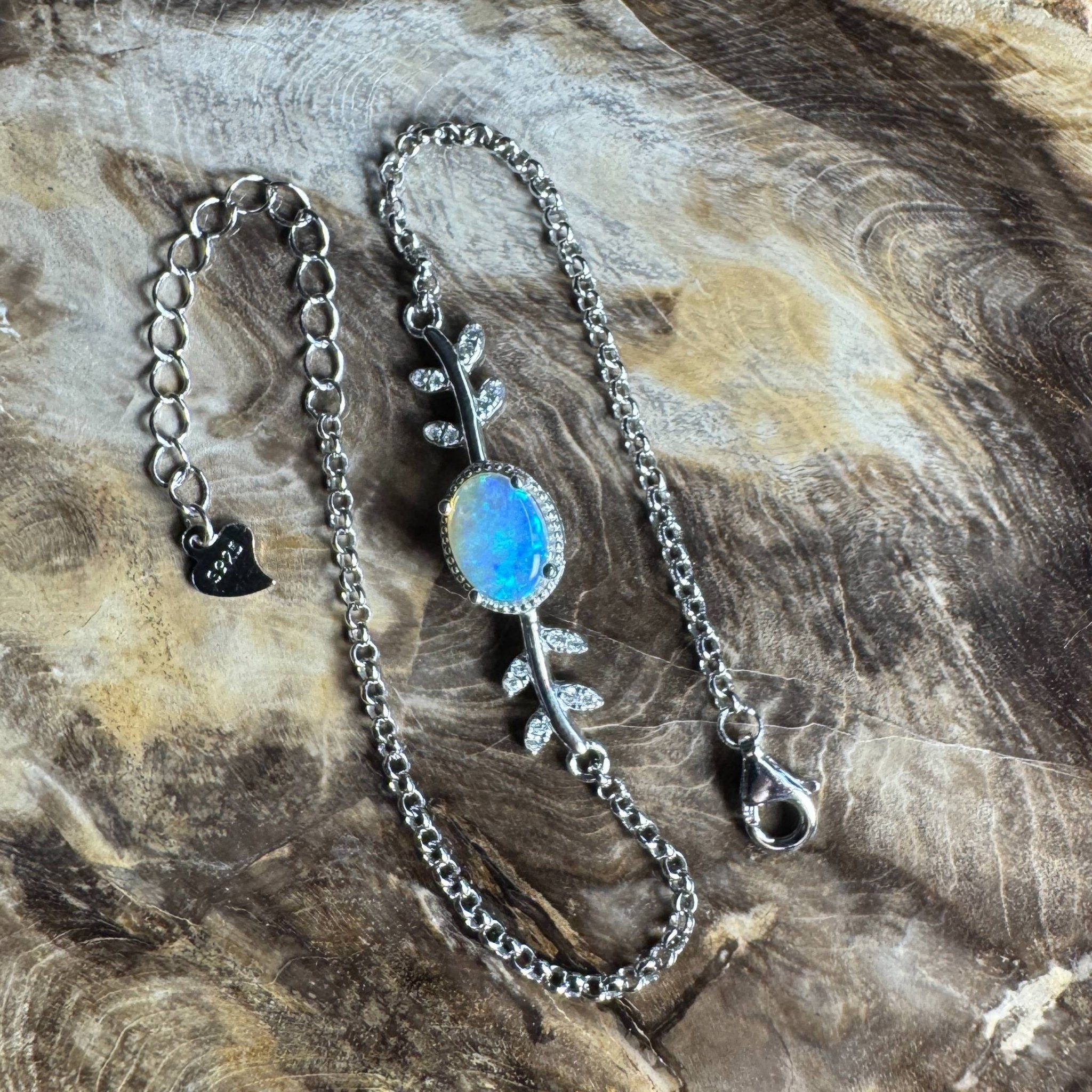 Snowy Range ~ 0.8ct Solid Lightning Ridge Opal and Cubic Zirconia 925 Silver Bracelet