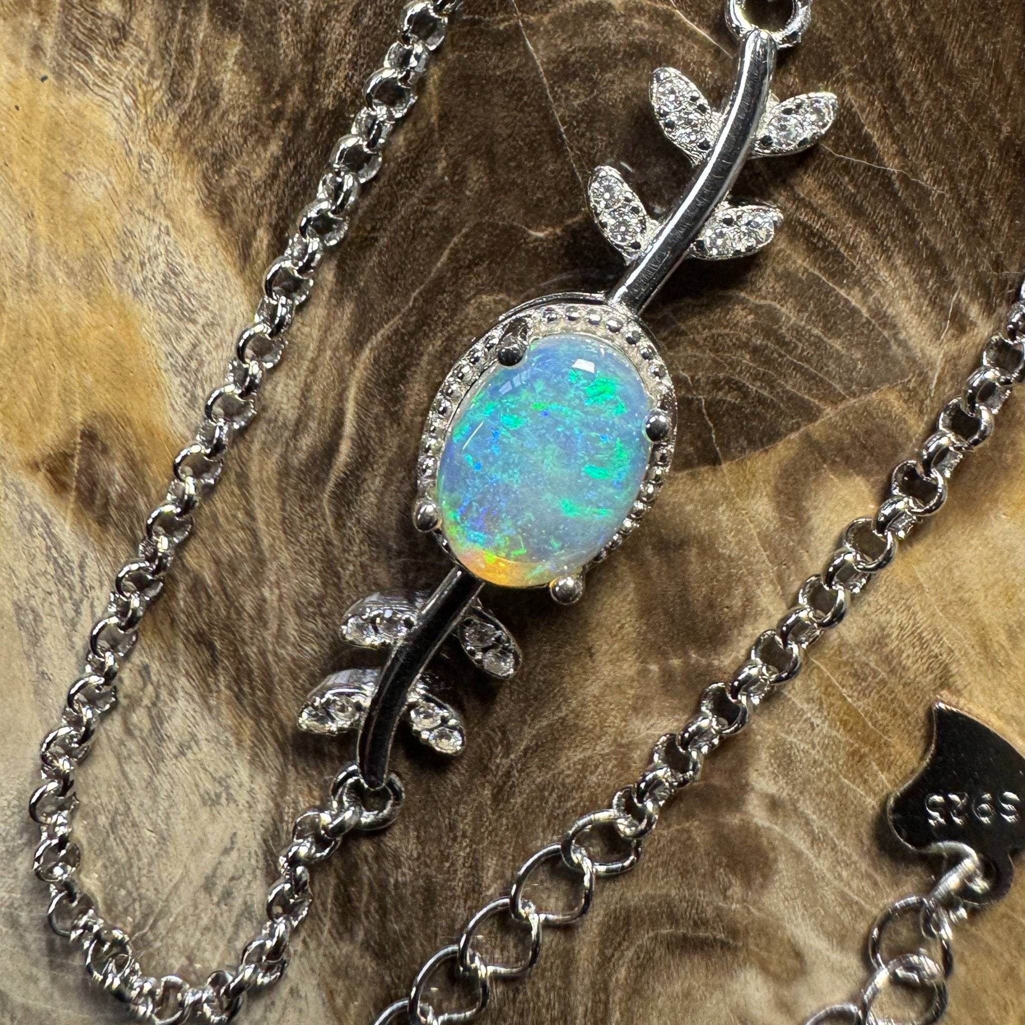 Snowy Range ~ 0.8ct Solid Lightning Ridge Opal and Cubic Zirconia 925 Silver Bracelet