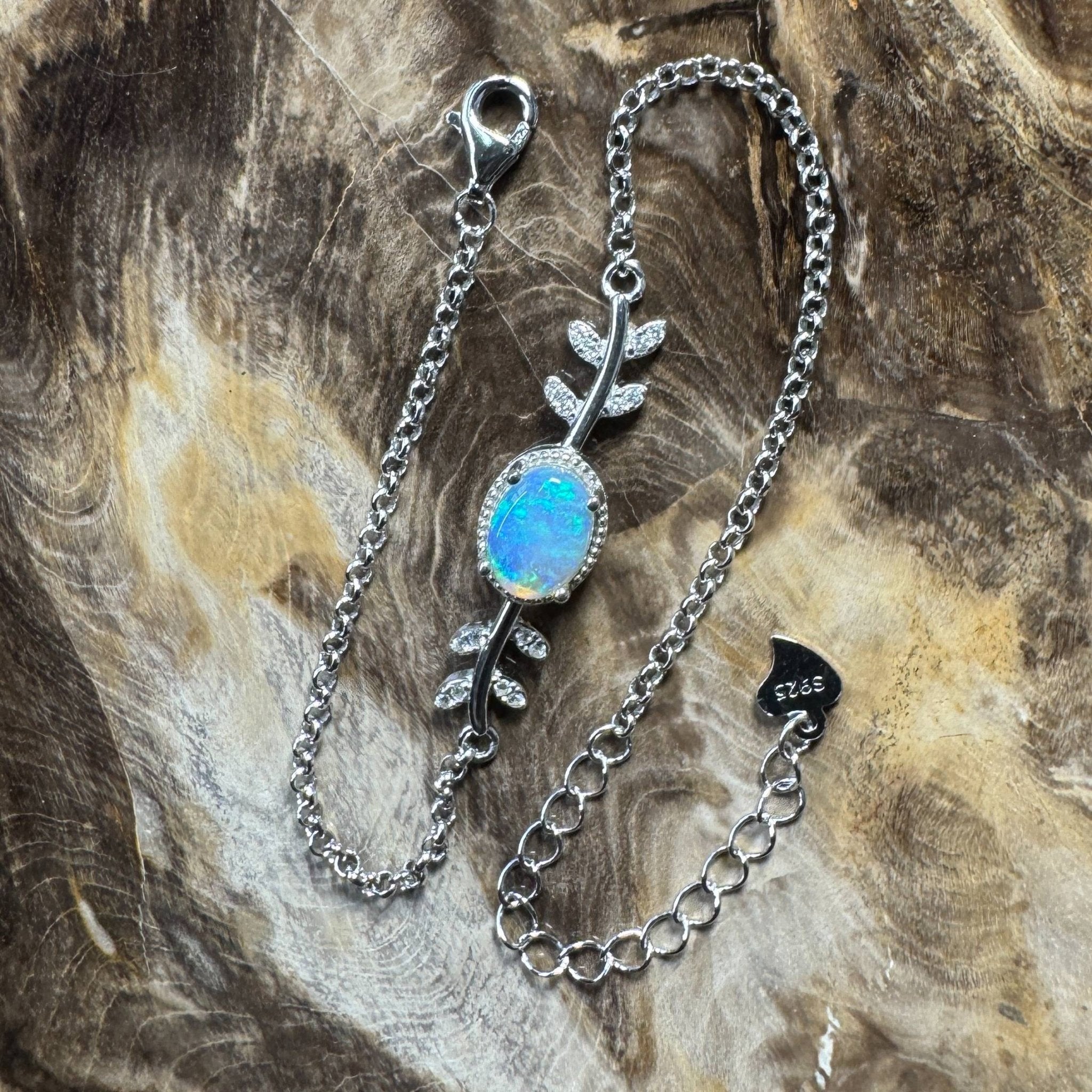 Snowy Range ~ 0.8ct Solid Lightning Ridge Opal and Cubic Zirconia 925 Silver Bracelet