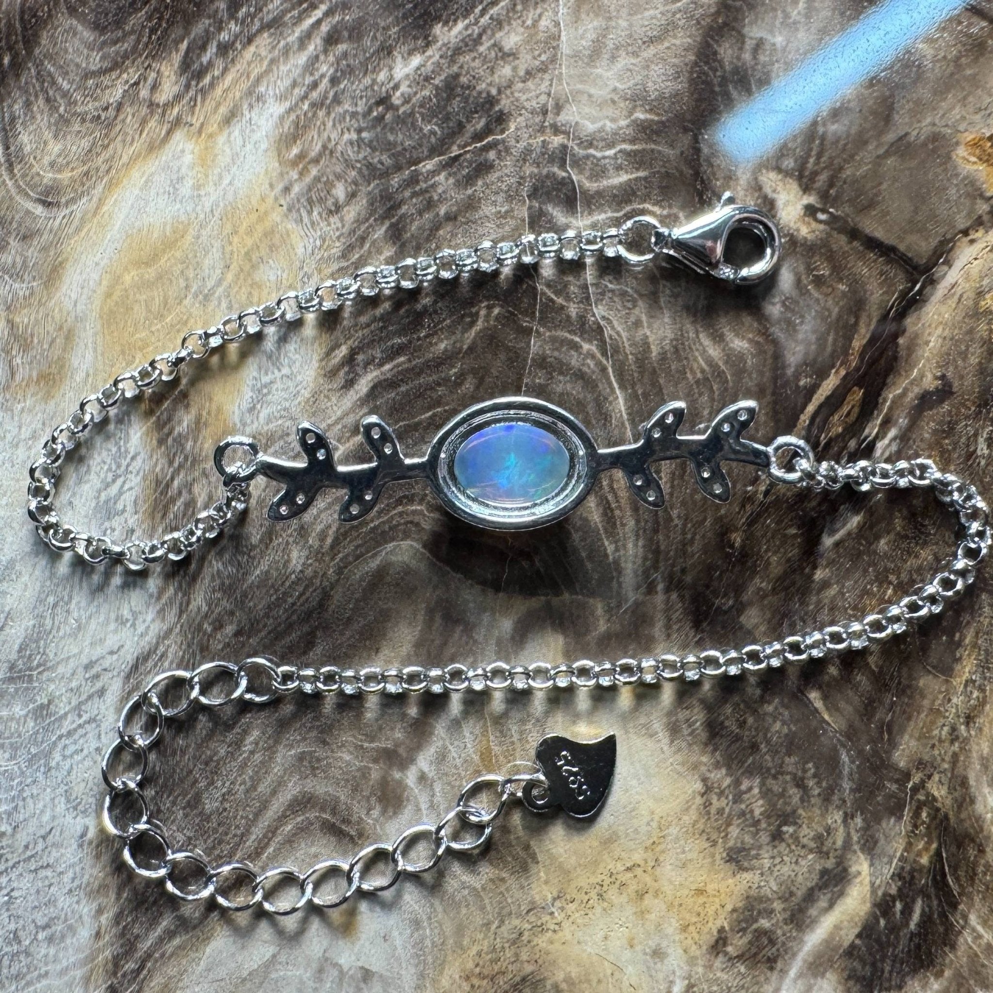 Snowy Range ~ 0.8ct Solid Lightning Ridge Opal and Cubic Zirconia 925 Silver Bracelet