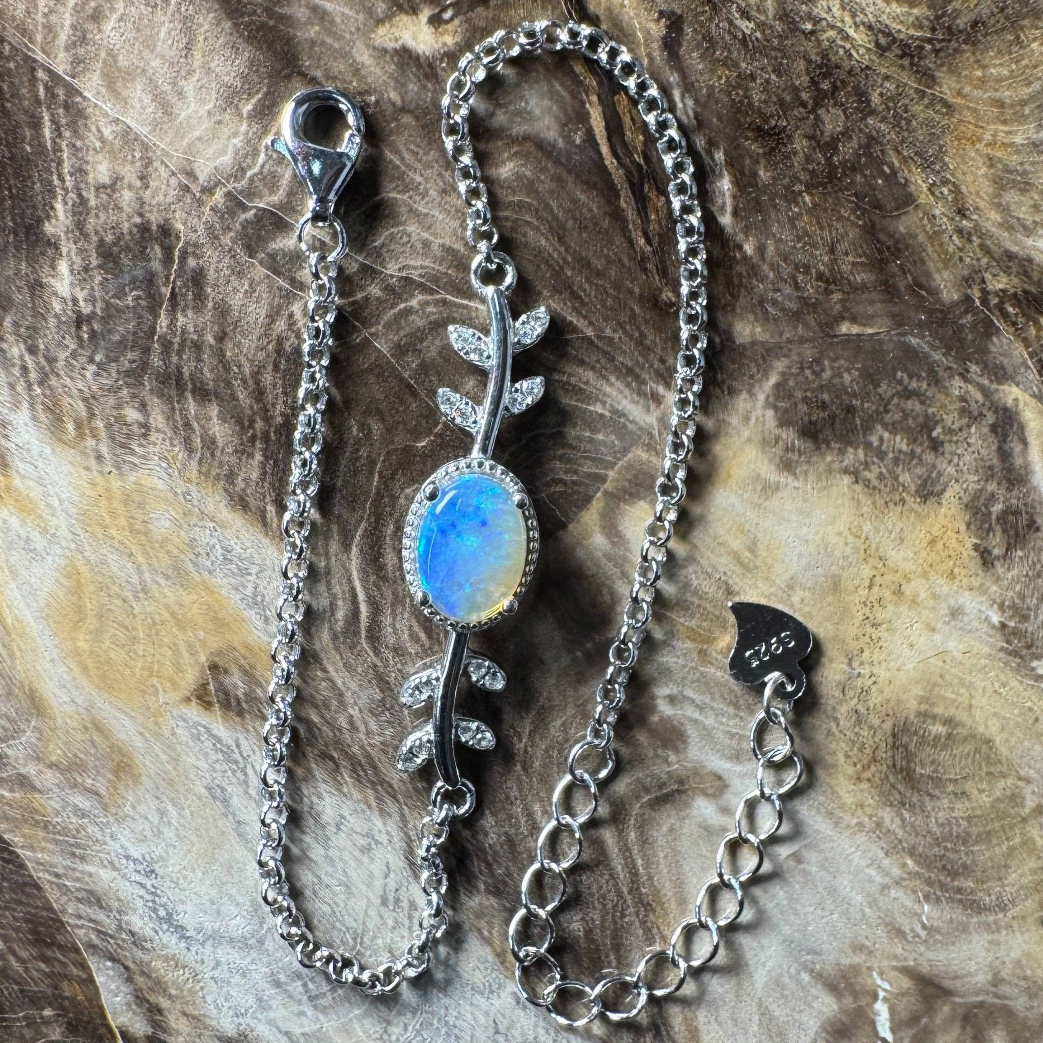 Snowy Range ~ 0.8ct Solid Lightning Ridge Opal and Cubic Zirconia 925 Silver Bracelet