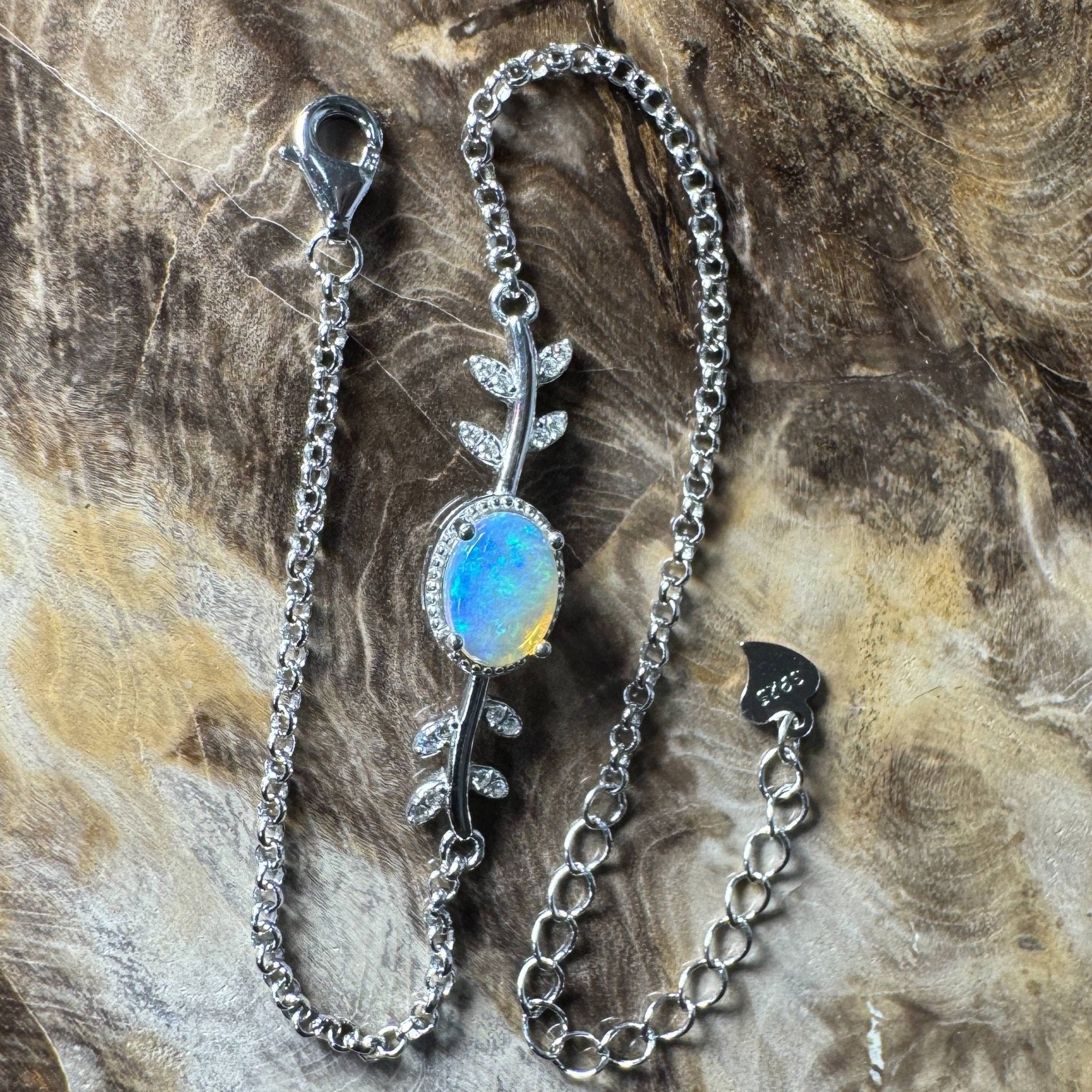 Snowy Range ~ 0.8ct Solid Lightning Ridge Opal and Cubic Zirconia 925 Silver Bracelet