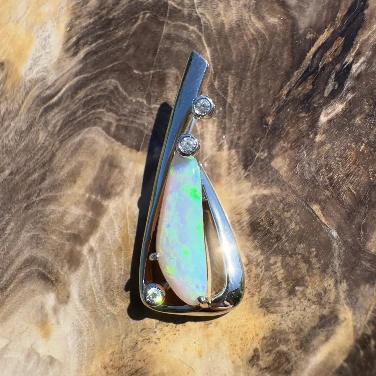 ‘Snowy River Firelight’ ~ Handcrafted 1.6ct Solid Lightning Ridge Opal and Cubic Zirconia 925 Sterling Silver Pendant Necklace