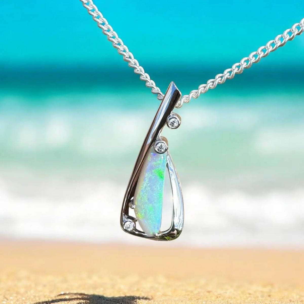 ‘Snowy River Firelight’ ~ Handcrafted 1.6ct Solid Lightning Ridge Opal and Cubic Zirconia 925 Sterling Silver Pendant Necklace