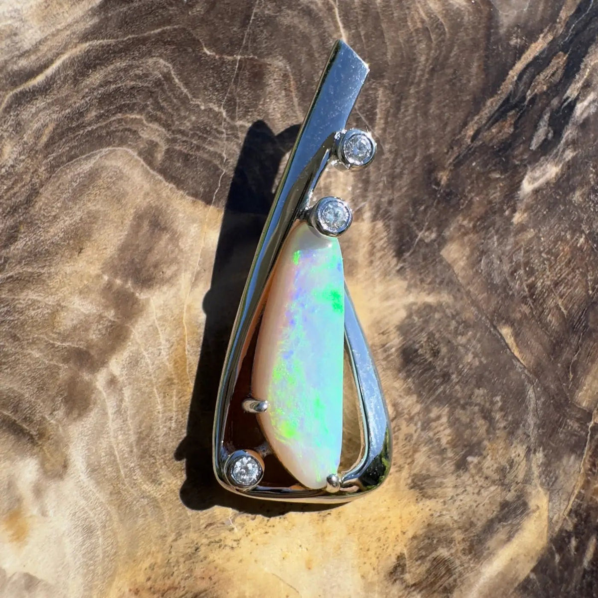 ‘Snowy River Firelight’ ~ Handcrafted 1.6ct Solid Lightning Ridge Opal and Cubic Zirconia 925 Sterling Silver Pendant Necklace