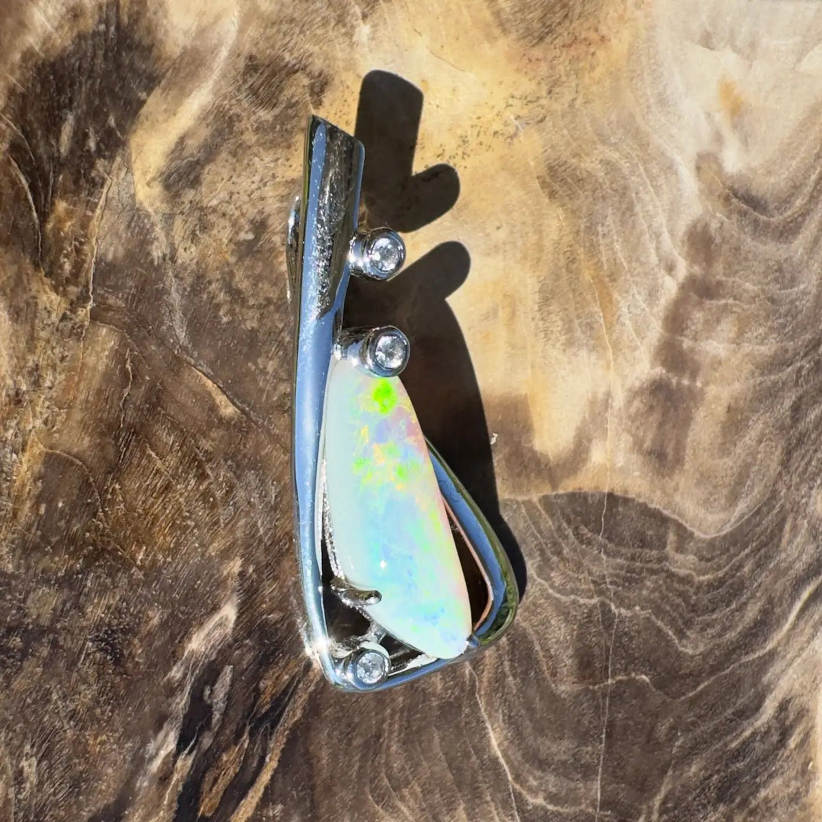 ‘Snowy River Firelight’ ~ Handcrafted 1.6ct Solid Lightning Ridge Opal and Cubic Zirconia 925 Sterling Silver Pendant Necklace