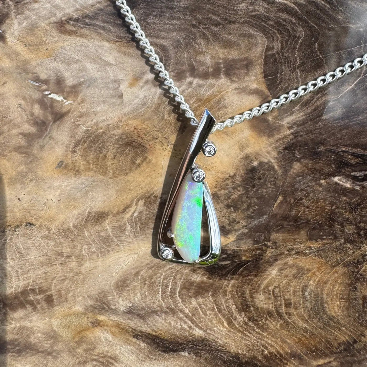 ‘Snowy River Firelight’ ~ Handcrafted 1.6ct Solid Lightning Ridge Opal and Cubic Zirconia 925 Sterling Silver Pendant Necklace