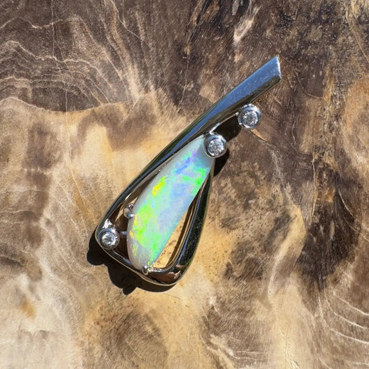 ‘Snowy River Firelight’ ~ Handcrafted 1.6ct Solid Lightning Ridge Opal and Cubic Zirconia 925 Sterling Silver Pendant Necklace