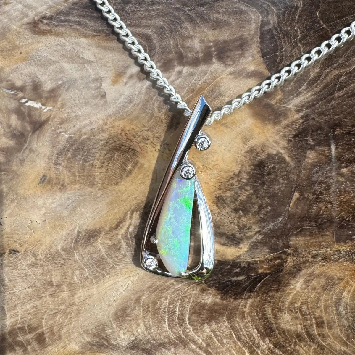 ‘Snowy River Firelight’ ~ Handcrafted 1.6ct Solid Lightning Ridge Opal and Cubic Zirconia 925 Sterling Silver Pendant Necklace