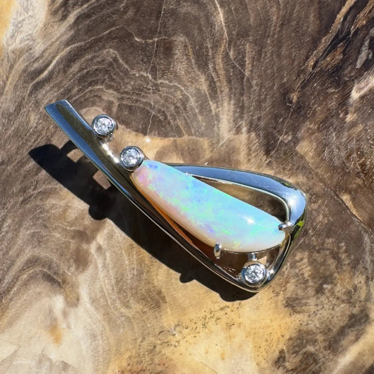 ‘Snowy River Firelight’ ~ Handcrafted 1.6ct Solid Lightning Ridge Opal and Cubic Zirconia 925 Sterling Silver Pendant Necklace