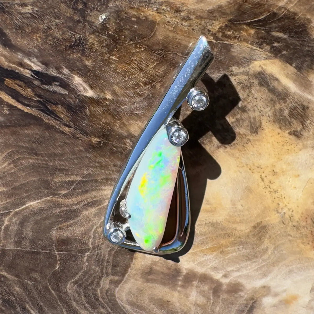 ‘Snowy River Firelight’ ~ Handcrafted 1.6ct Solid Lightning Ridge Opal and Cubic Zirconia 925 Sterling Silver Pendant Necklace