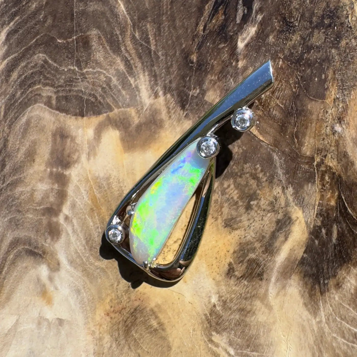 ‘Snowy River Firelight’ ~ Handcrafted 1.6ct Solid Lightning Ridge Opal and Cubic Zirconia 925 Sterling Silver Pendant Necklace