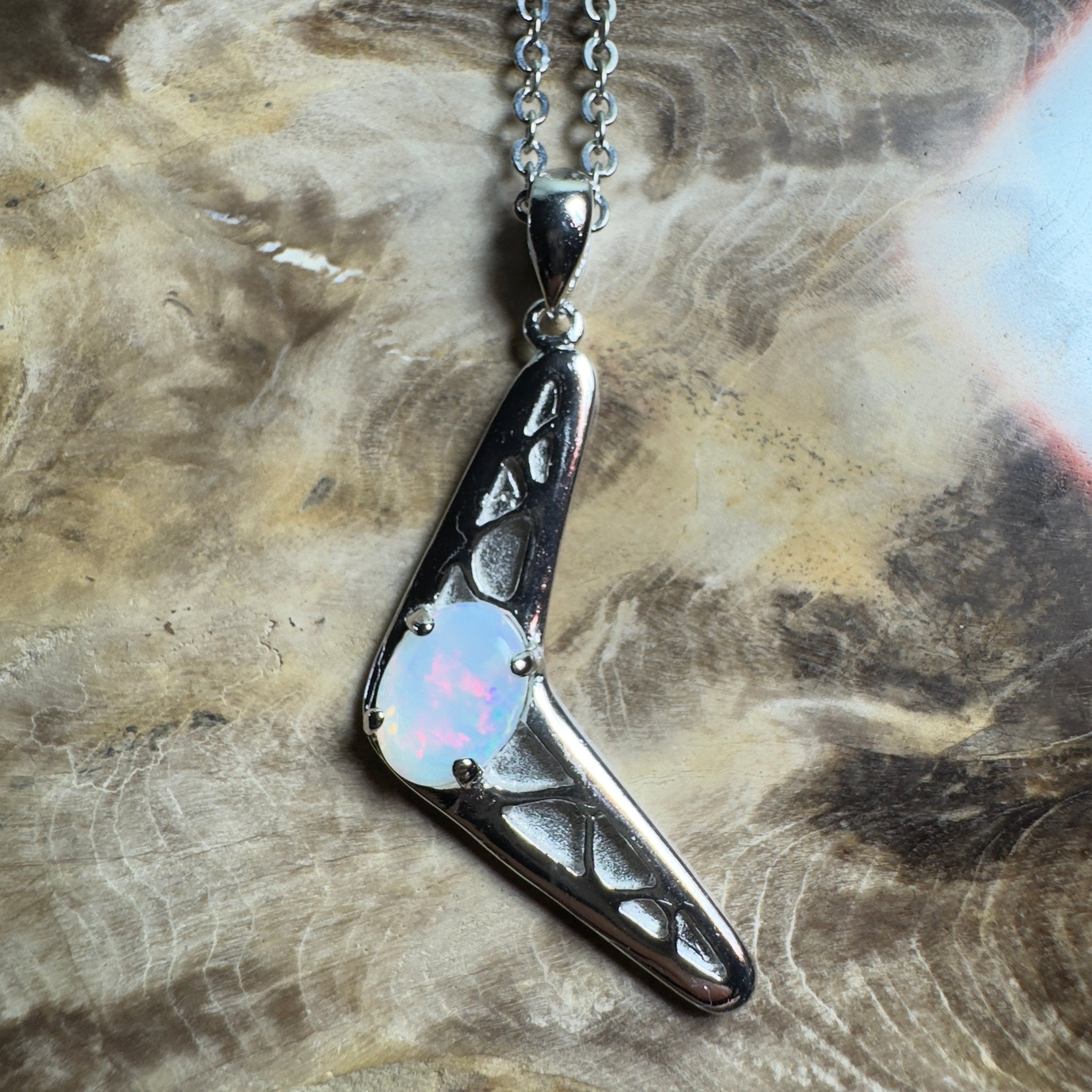 Southern Interior Glow ~ 0.8ct Coober Pedy Opal 925 Silver Boomerang Pendant