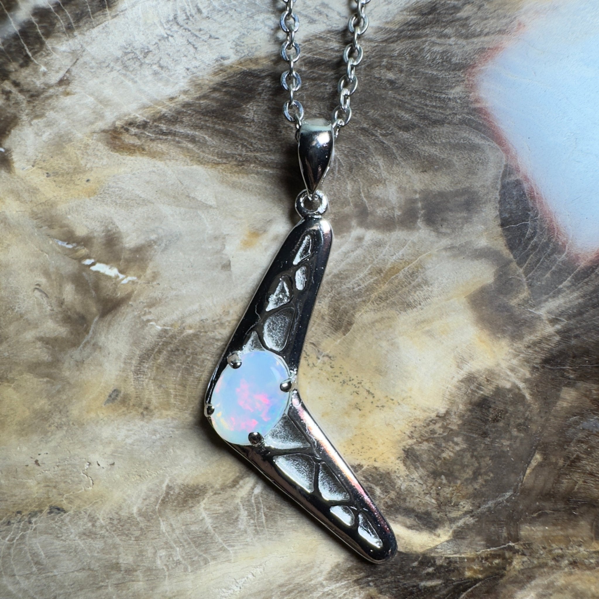 Southern Interior Glow ~ 0.8ct Coober Pedy Opal 925 Silver Boomerang Pendant