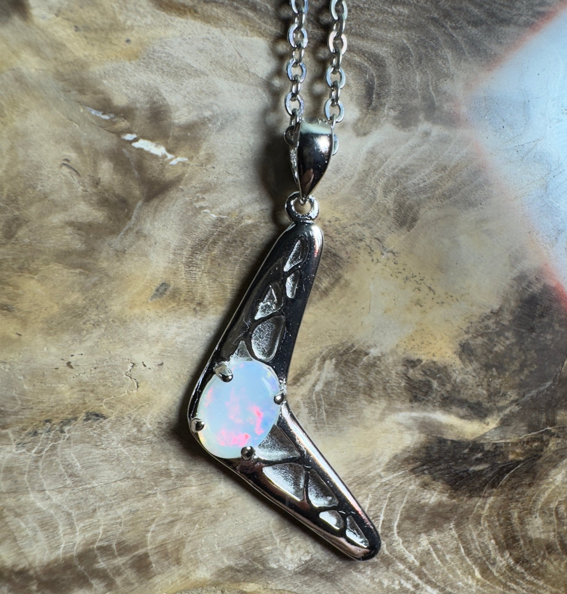 Southern Interior Glow ~ 0.8ct Coober Pedy Opal 925 Silver Boomerang Pendant