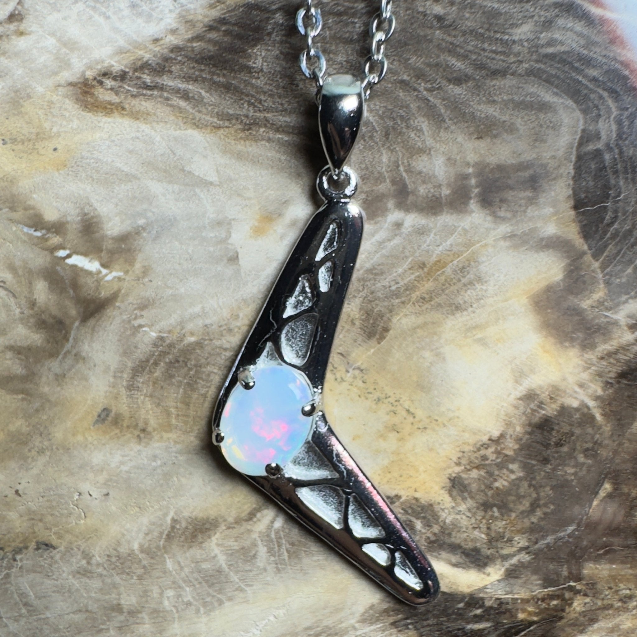 Southern Interior Glow ~ 0.8ct Coober Pedy Opal 925 Silver Boomerang Pendant