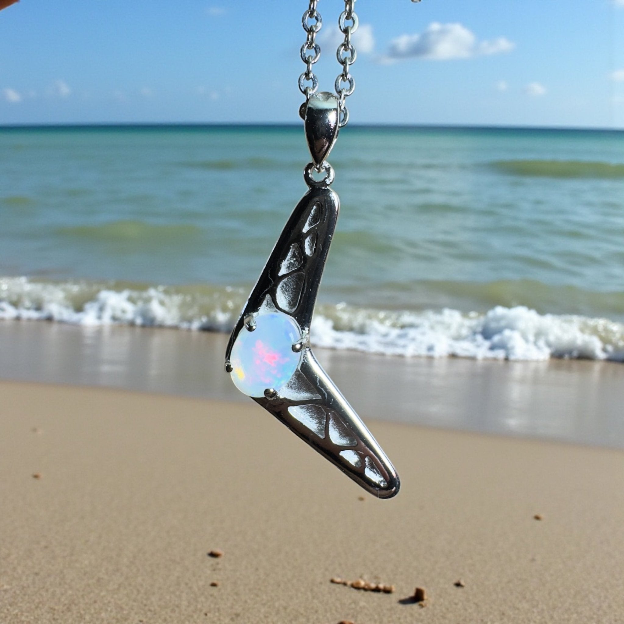 Southern Interior Glow ~ 0.8ct Coober Pedy Opal 925 Silver Boomerang Pendant