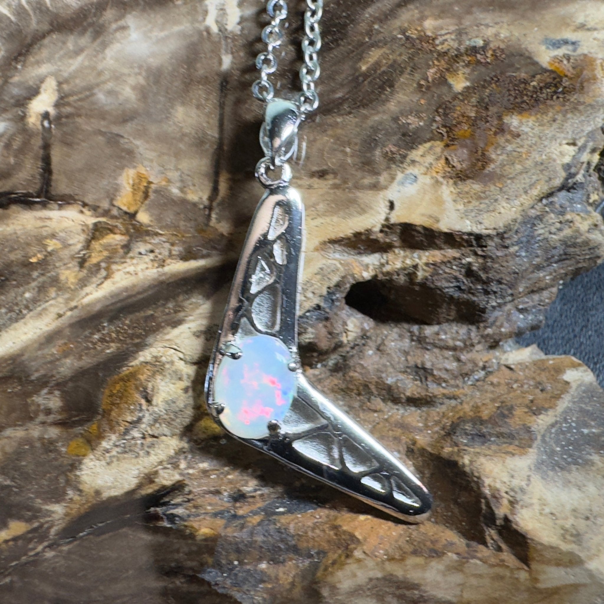 Southern Interior Glow ~ 0.8ct Coober Pedy Opal 925 Silver Boomerang Pendant