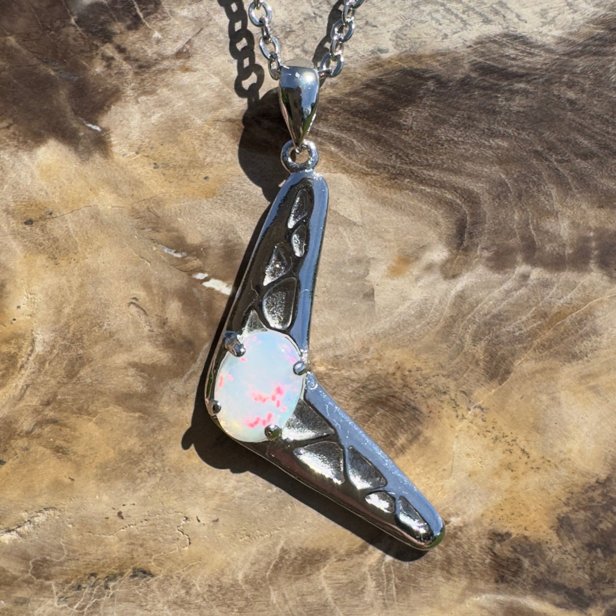 Southern Interior Glow ~ 0.8ct Coober Pedy Opal 925 Silver Boomerang Pendant