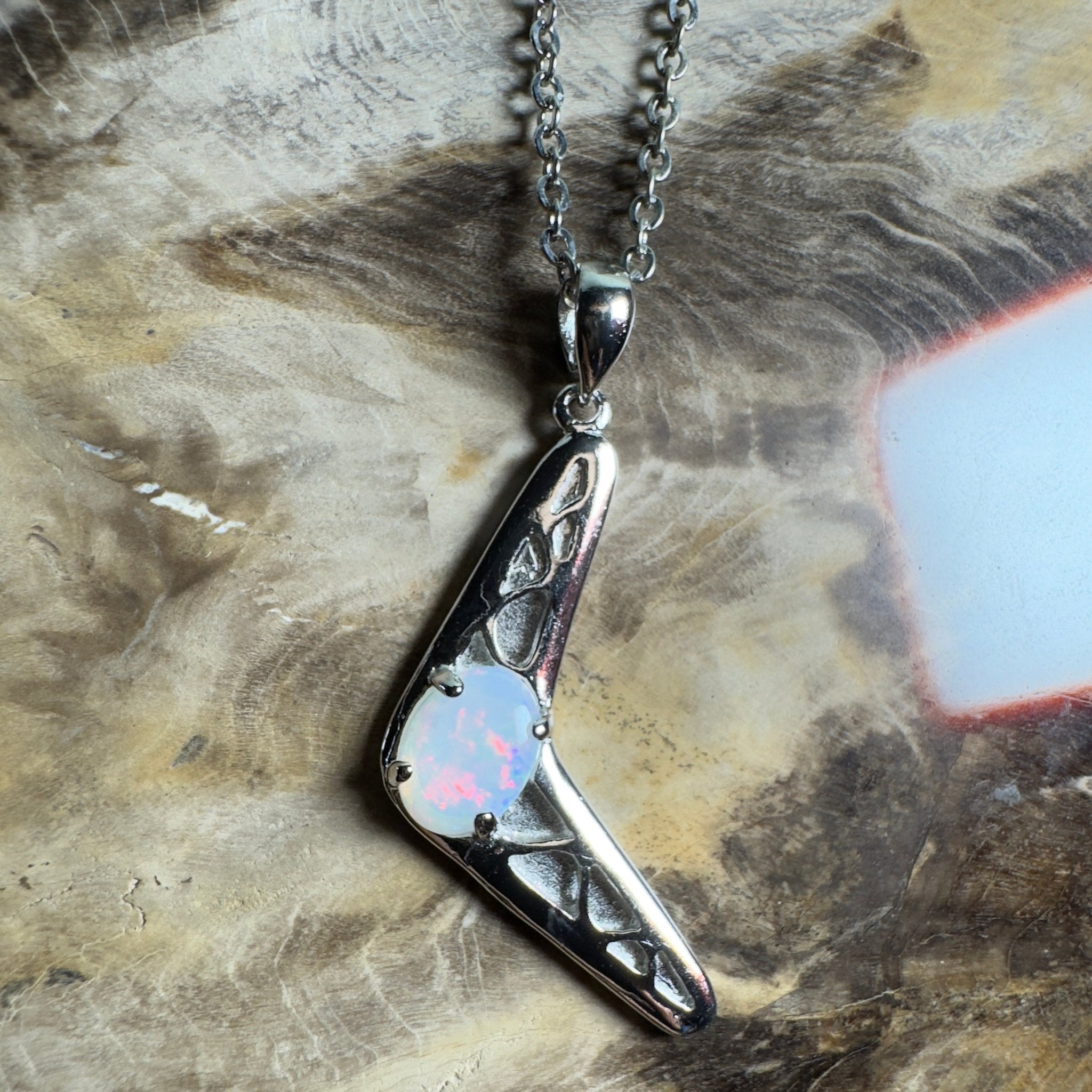Southern Interior Glow ~ 0.8ct Coober Pedy Opal 925 Silver Boomerang Pendant