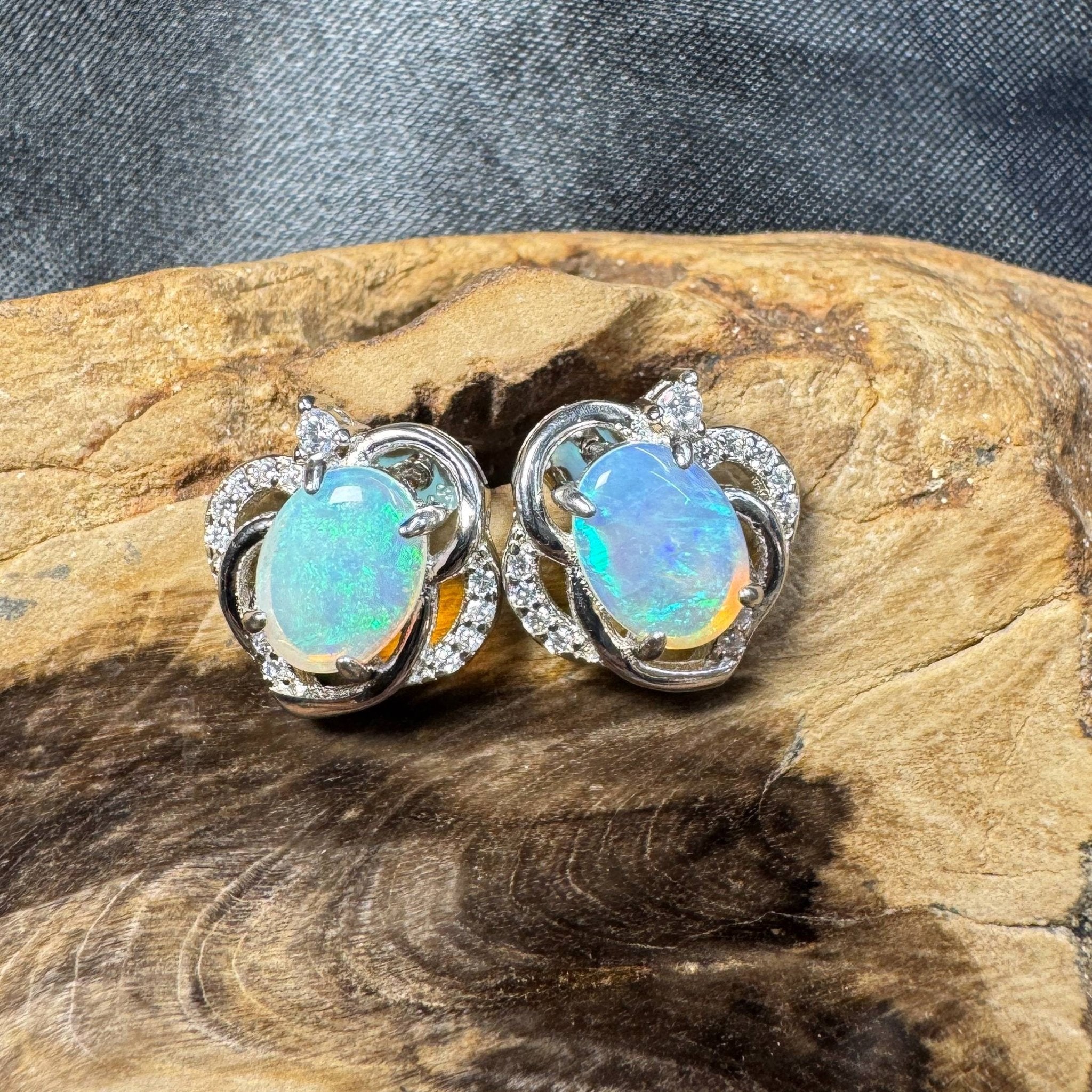 Southern Ocean ~ 1.6ct Solid Lightning Ridge Opal and Cubic Zirconia 925 Silver Earrings