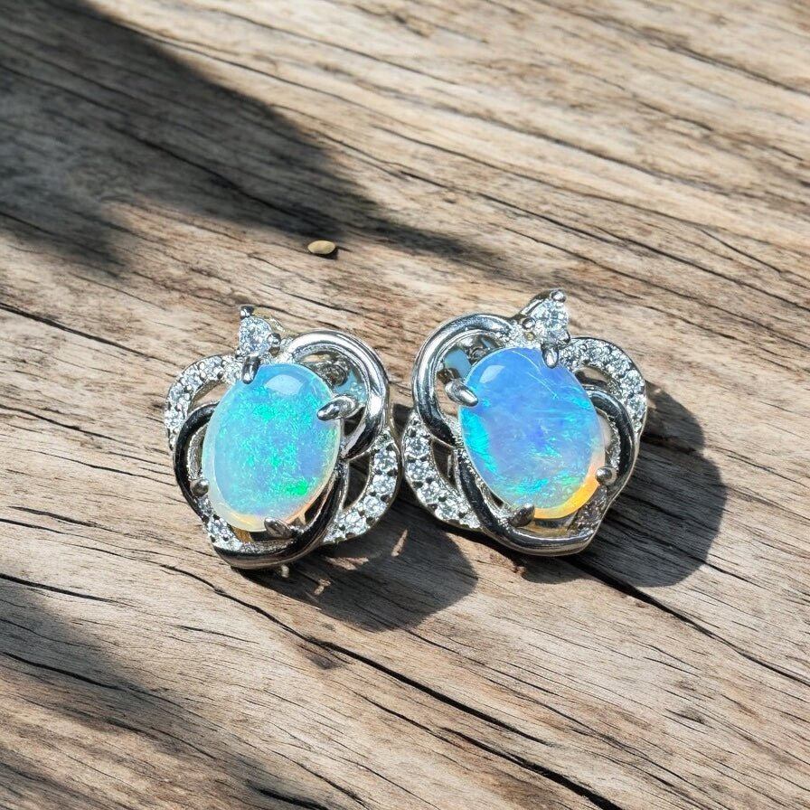 Southern Ocean ~ 1.6ct Solid Lightning Ridge Opal and Cubic Zirconia 925 Silver Earrings
