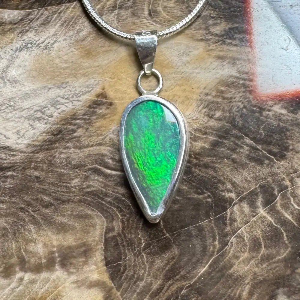 'Spring Leaf' ~ Handcrafted 5.9ct Solid Lightning Ridge Black Opal 925 Sterling Silver Pendant Necklace