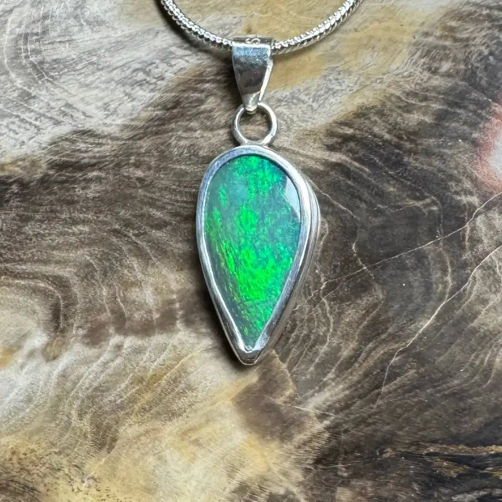 'Spring Leaf' ~ Handcrafted 5.9ct Solid Lightning Ridge Black Opal 925 Sterling Silver Pendant Necklace