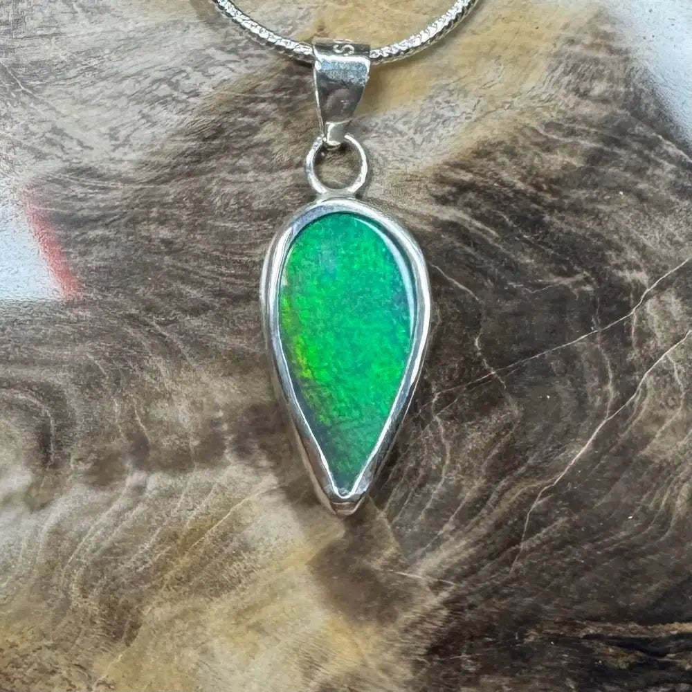 'Spring Leaf' ~ Handcrafted 5.9ct Solid Lightning Ridge Black Opal 925 Sterling Silver Pendant Necklace