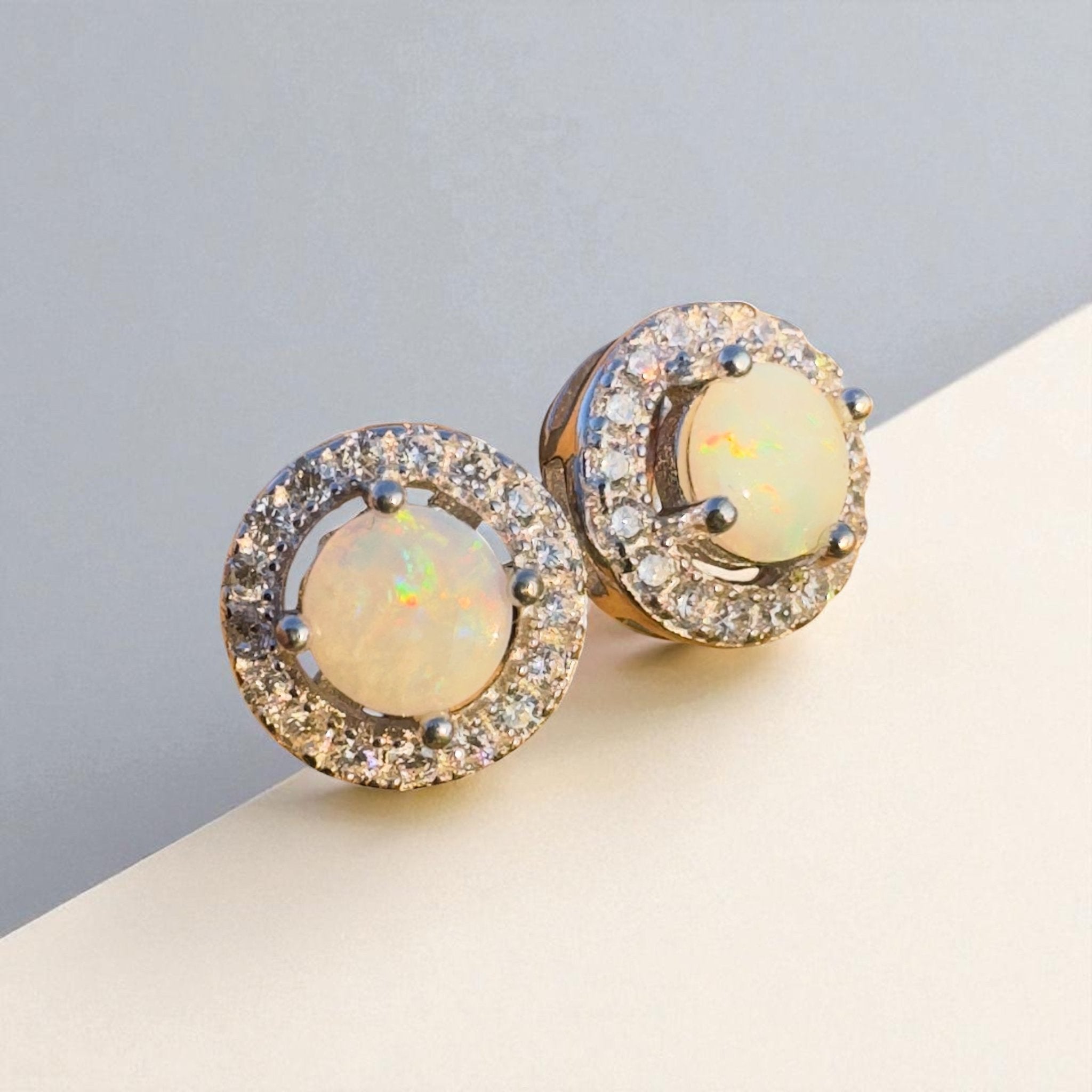 Starlight Glow - Handcrafted 1.0ct Coober Pedy Opal Earrings – Silver Halo Elegance.