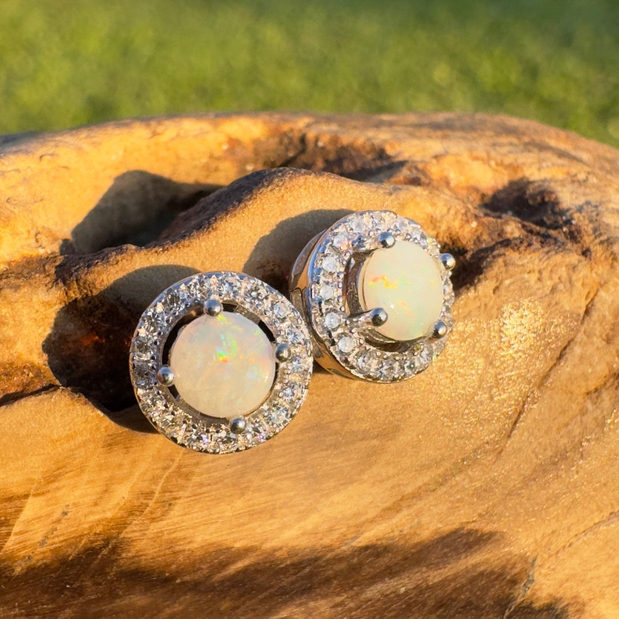 Starlight Glow - Handcrafted 1.0ct Coober Pedy Opal Earrings – Silver Halo Elegance.