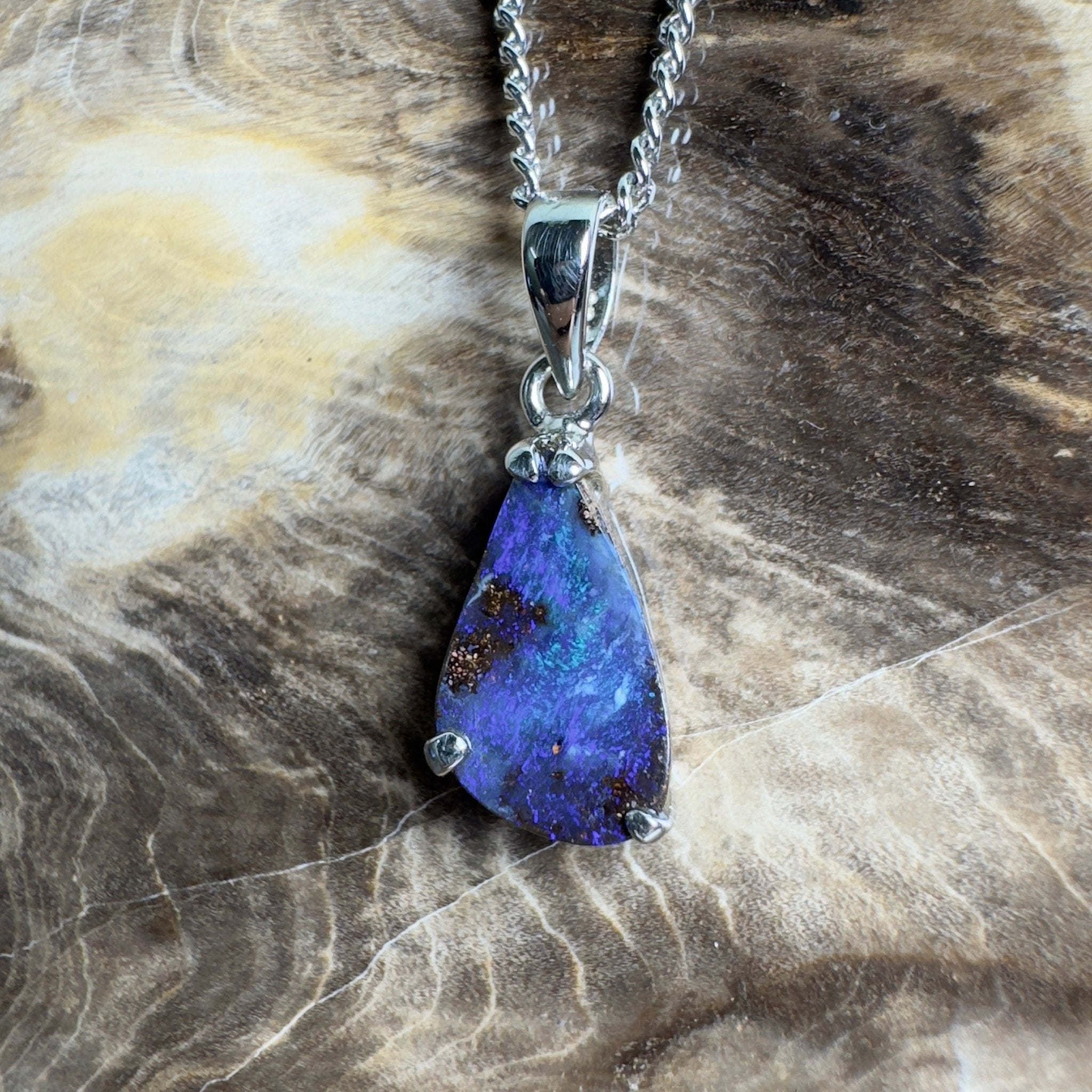 Strzelecki Nocturne ~ Queensland Boulder Opal 925 Sterling Silver Pendant Necklace